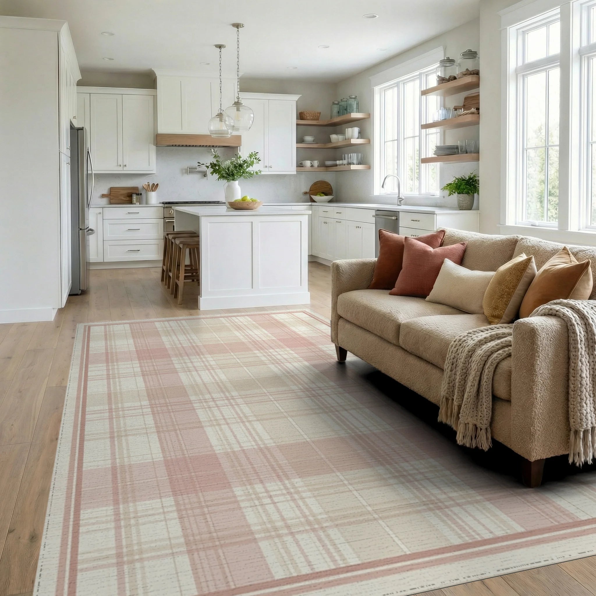 Pink Beige White Rug - living_room