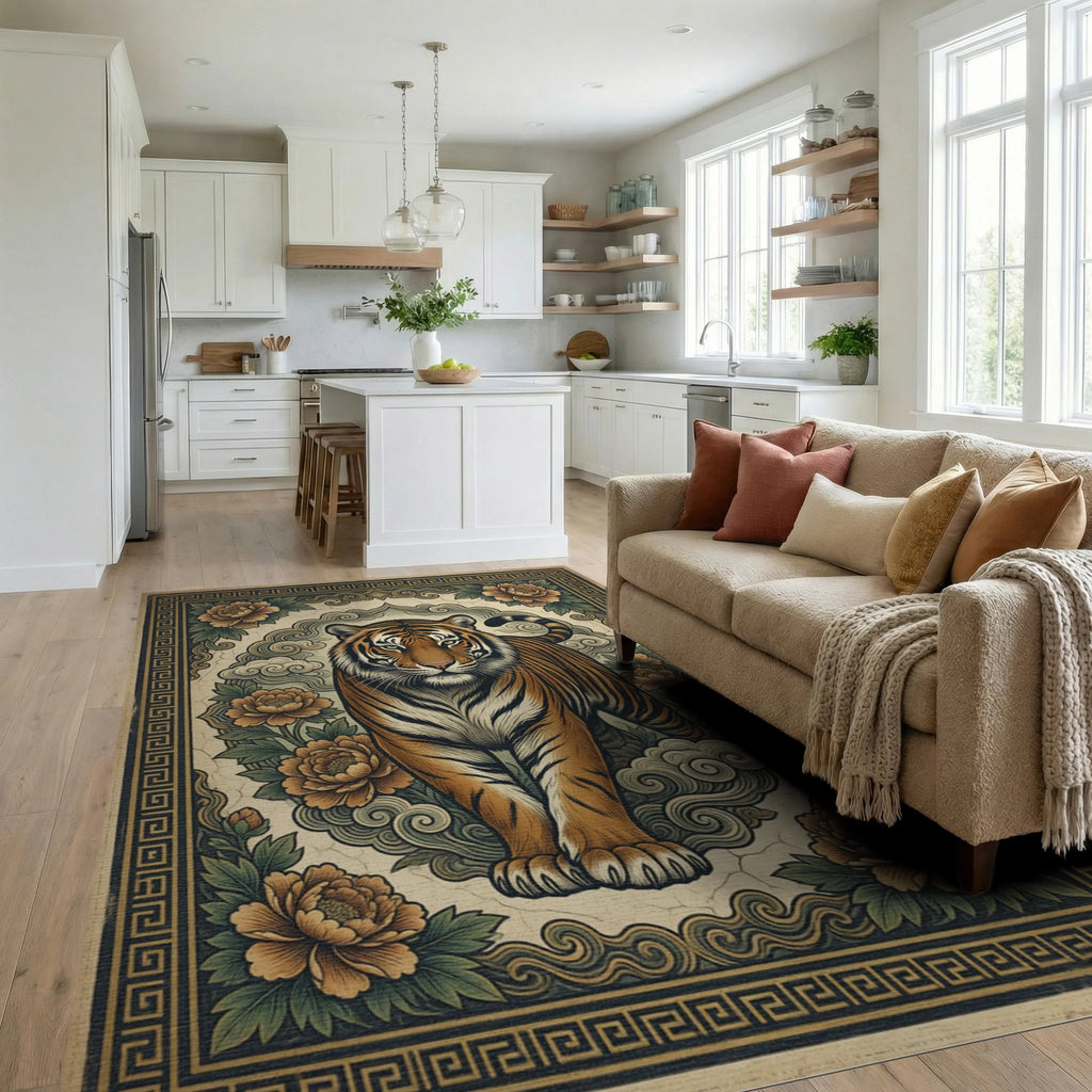 Tiger Peony Woodblock Print Area Rug - living_room