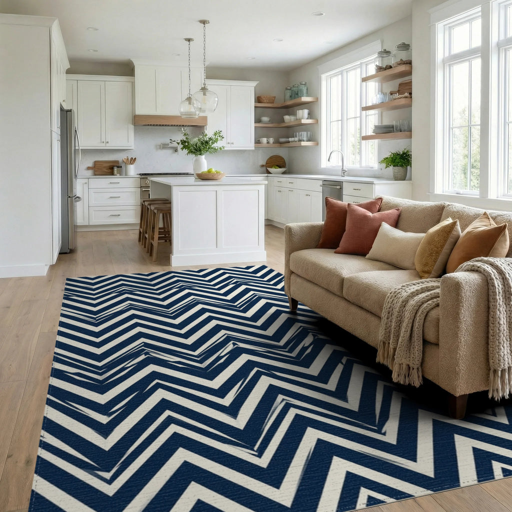 Navy Blue Interlocking Chevron Geometric Rug - living_room