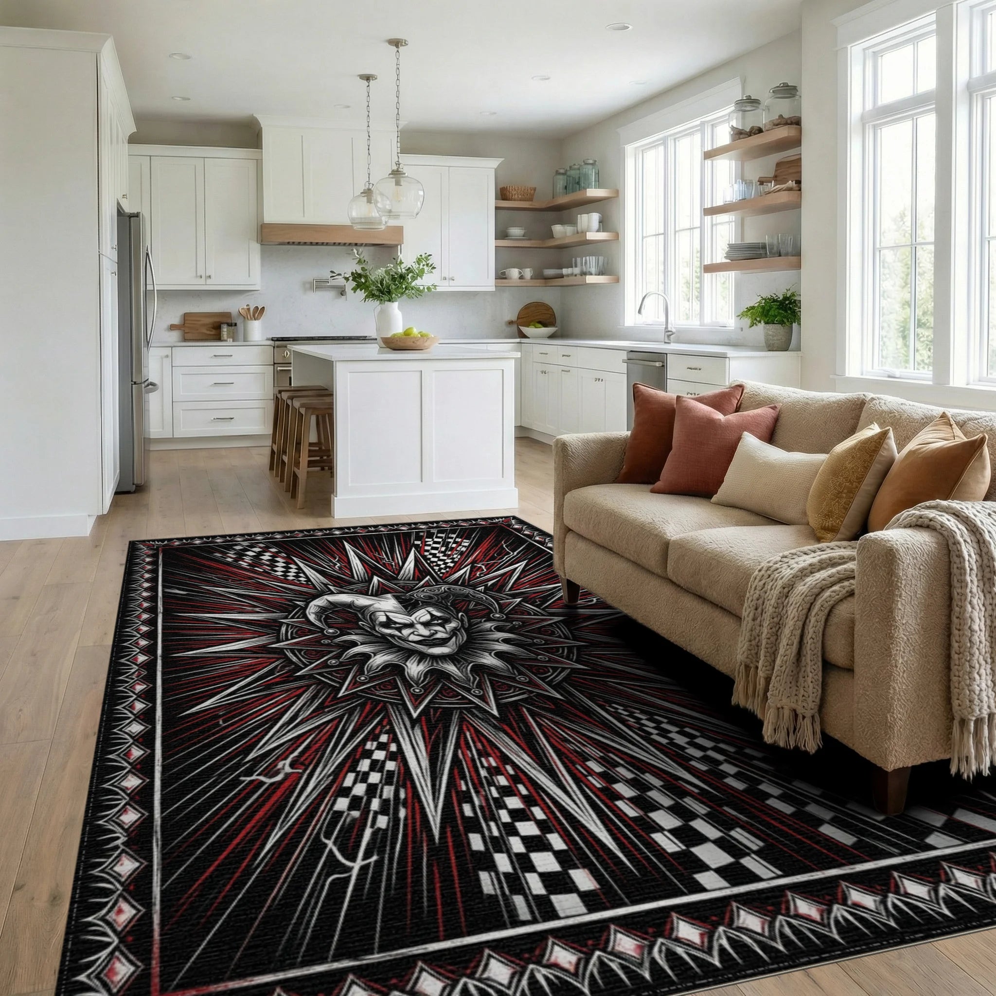 Black White Crimson Rug - living_room
