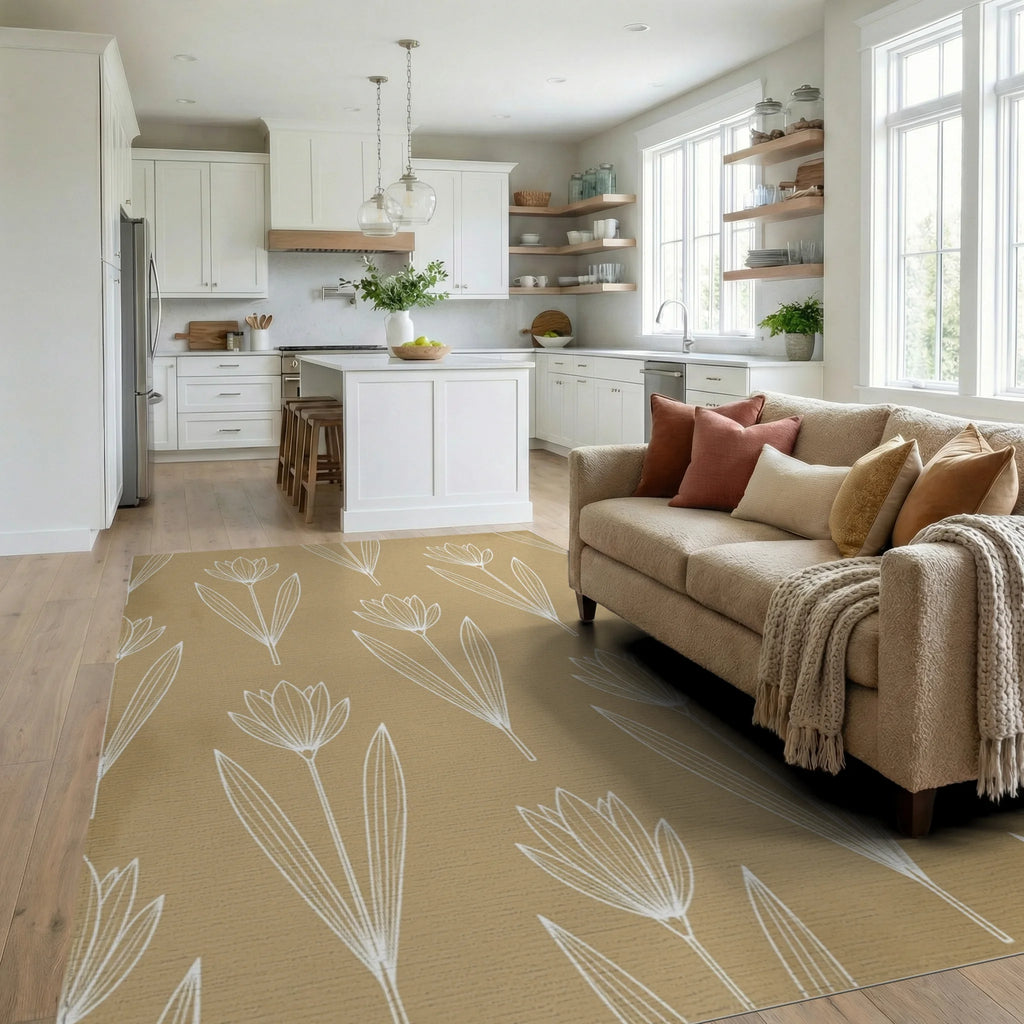 Beige White Floral Rug - living_room