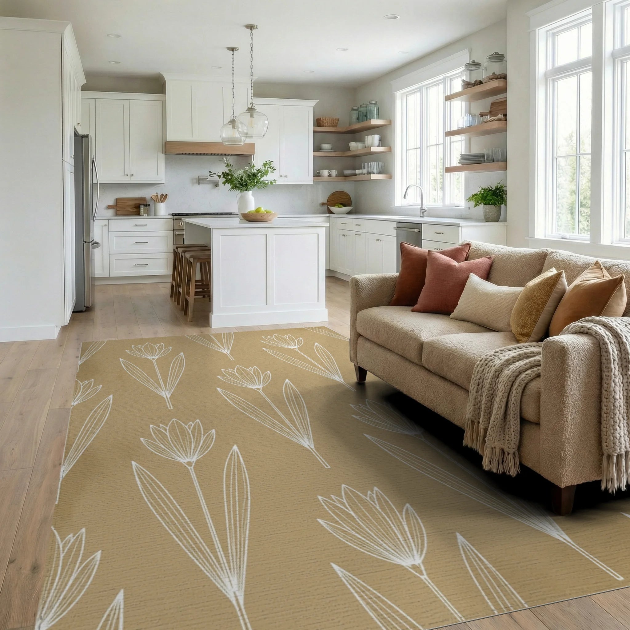 Beige White Floral Rug - living_room