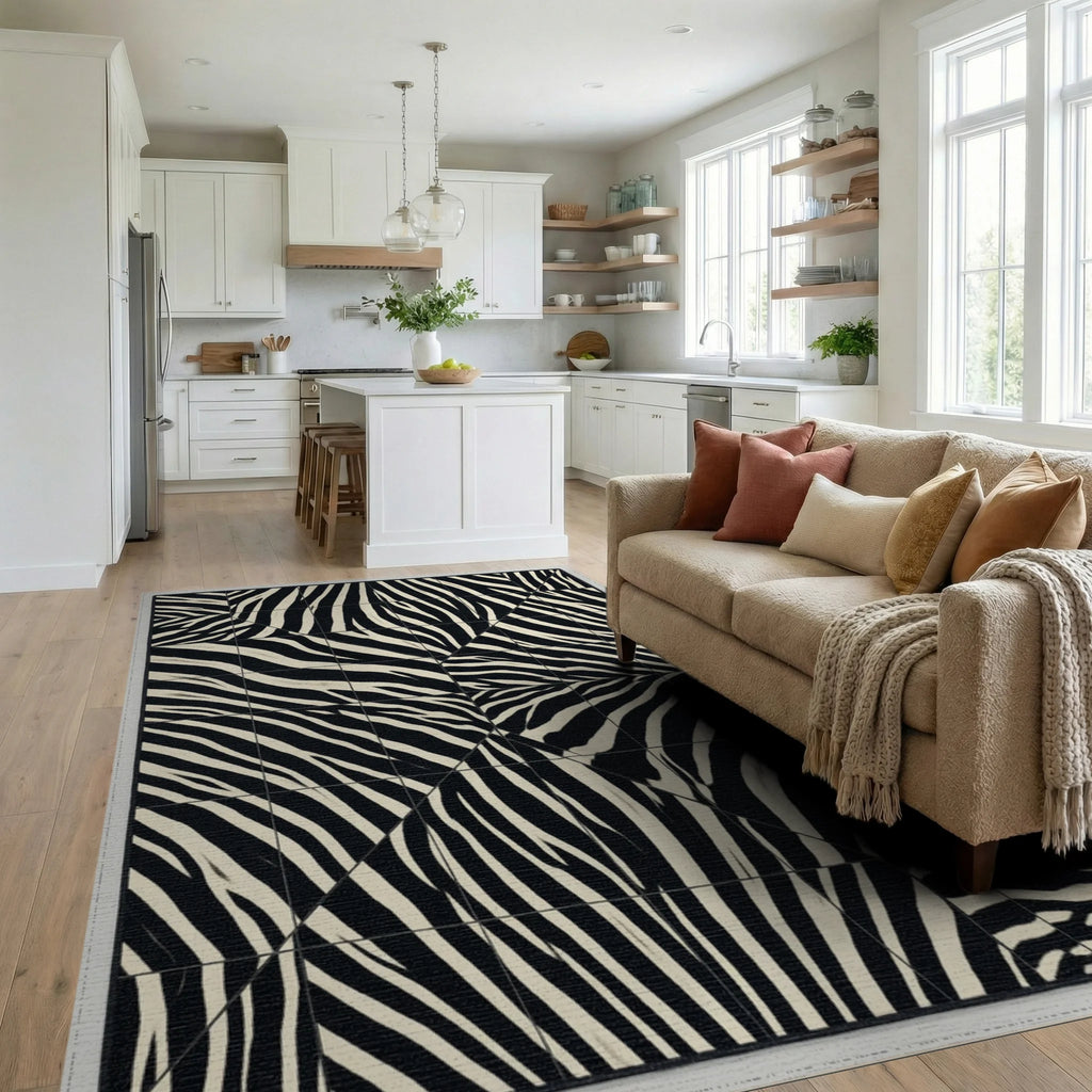 Black White Cream Rug - living_room