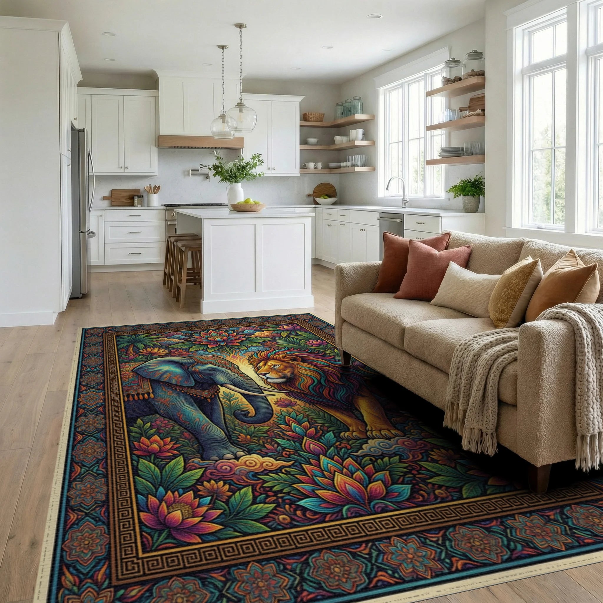 Maximalist Elephant And Lion Cream Rug - living_room