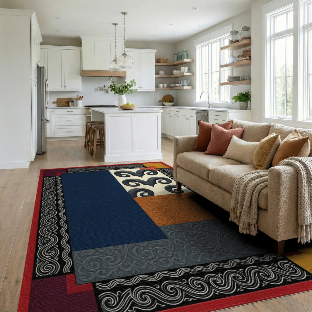 Navy Blue Cream Rug - living_room
