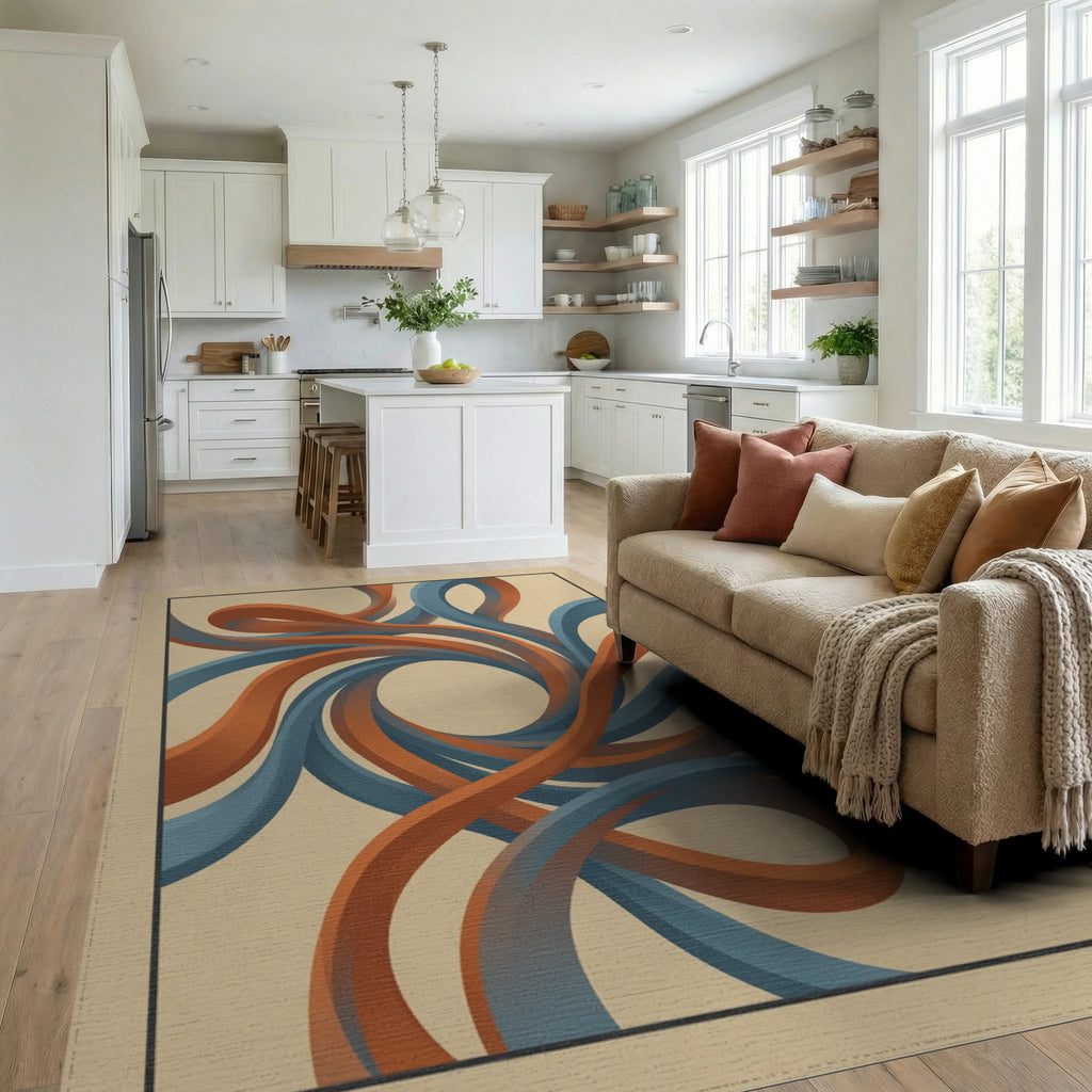 Beige Orange Blue Rug - living_room