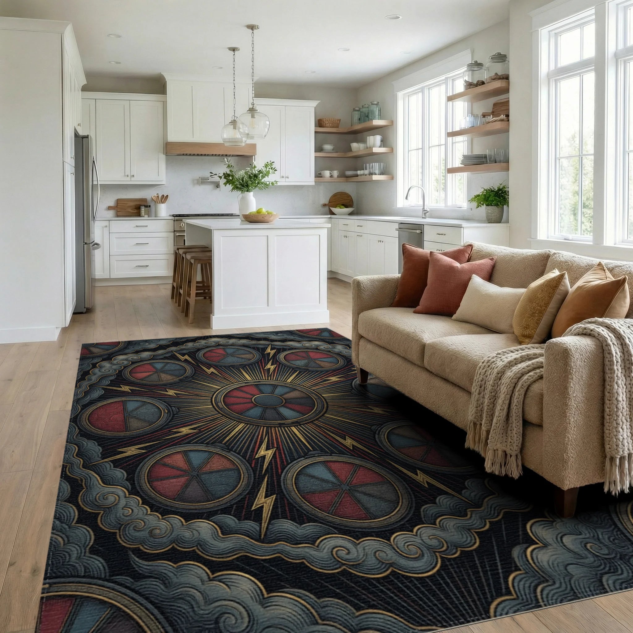 Crimson Medallion Sunburst Graphic Rug - living_room
