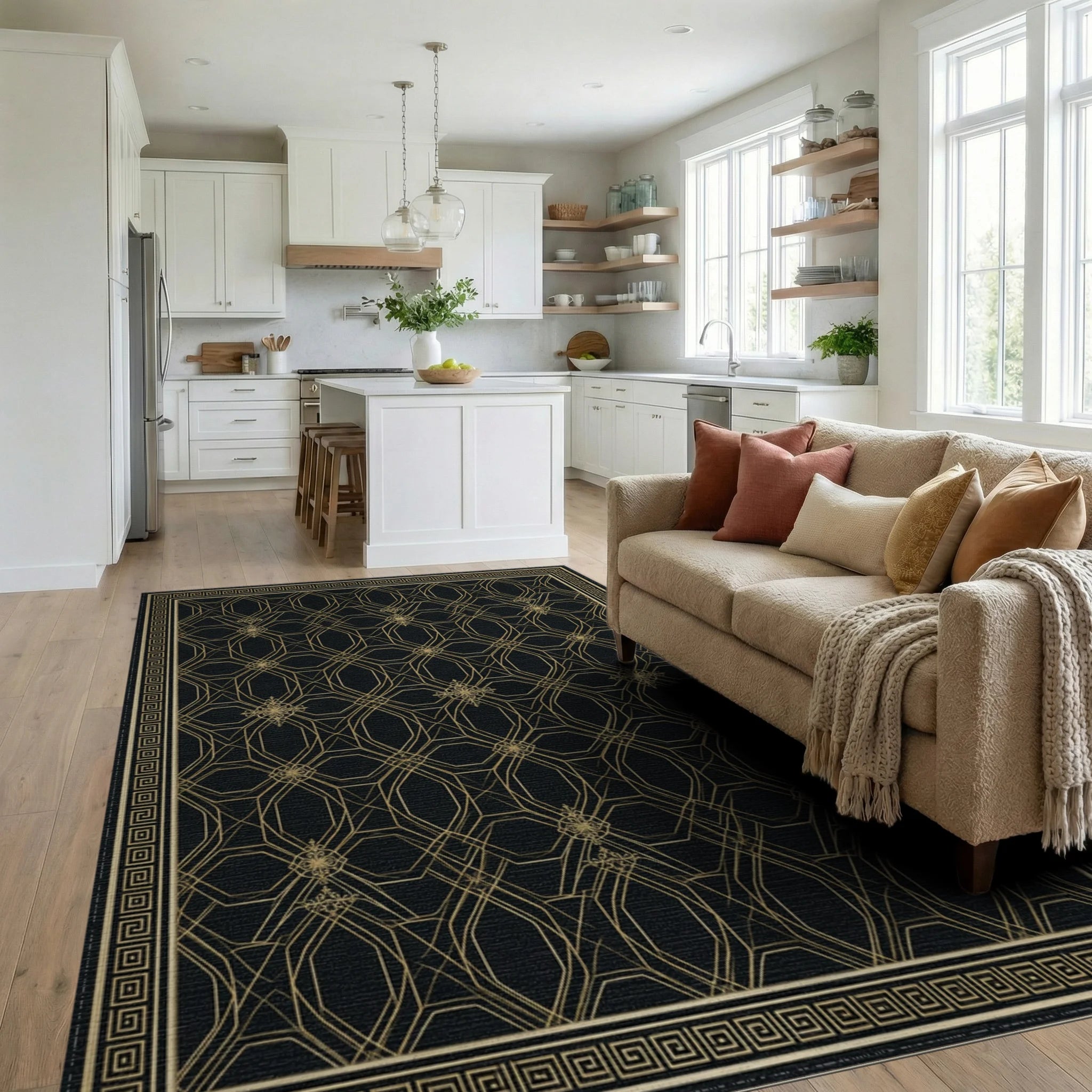 Geometric Gold And Black Grid Rug - living_room