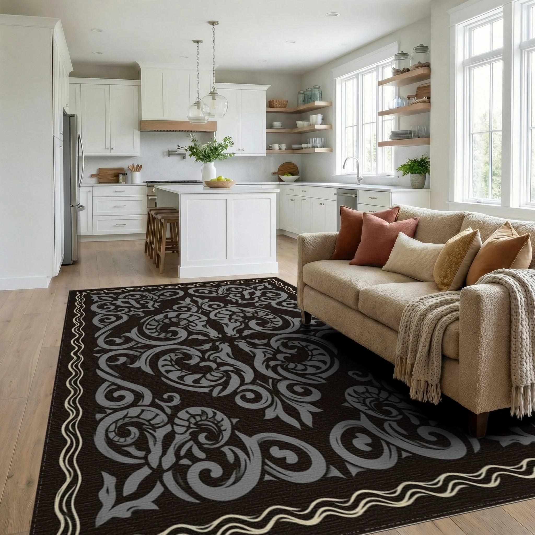 Moroccan Brown Cream Rug - living_room