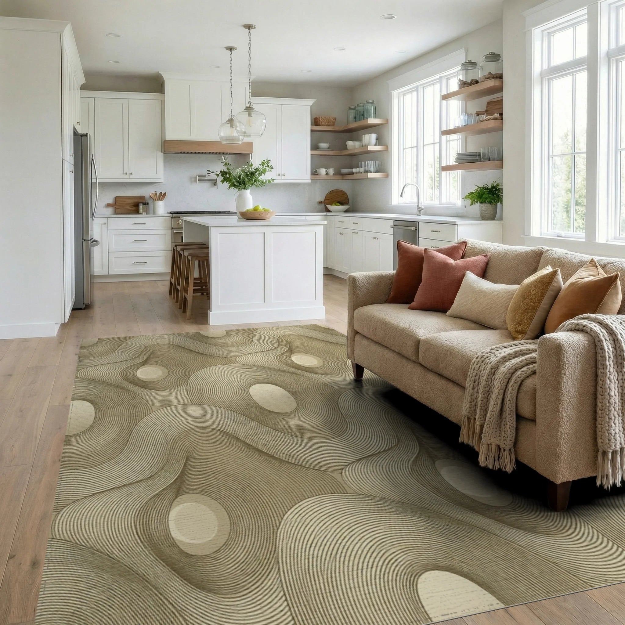 Cream Abstract Geometric Rug - living_room