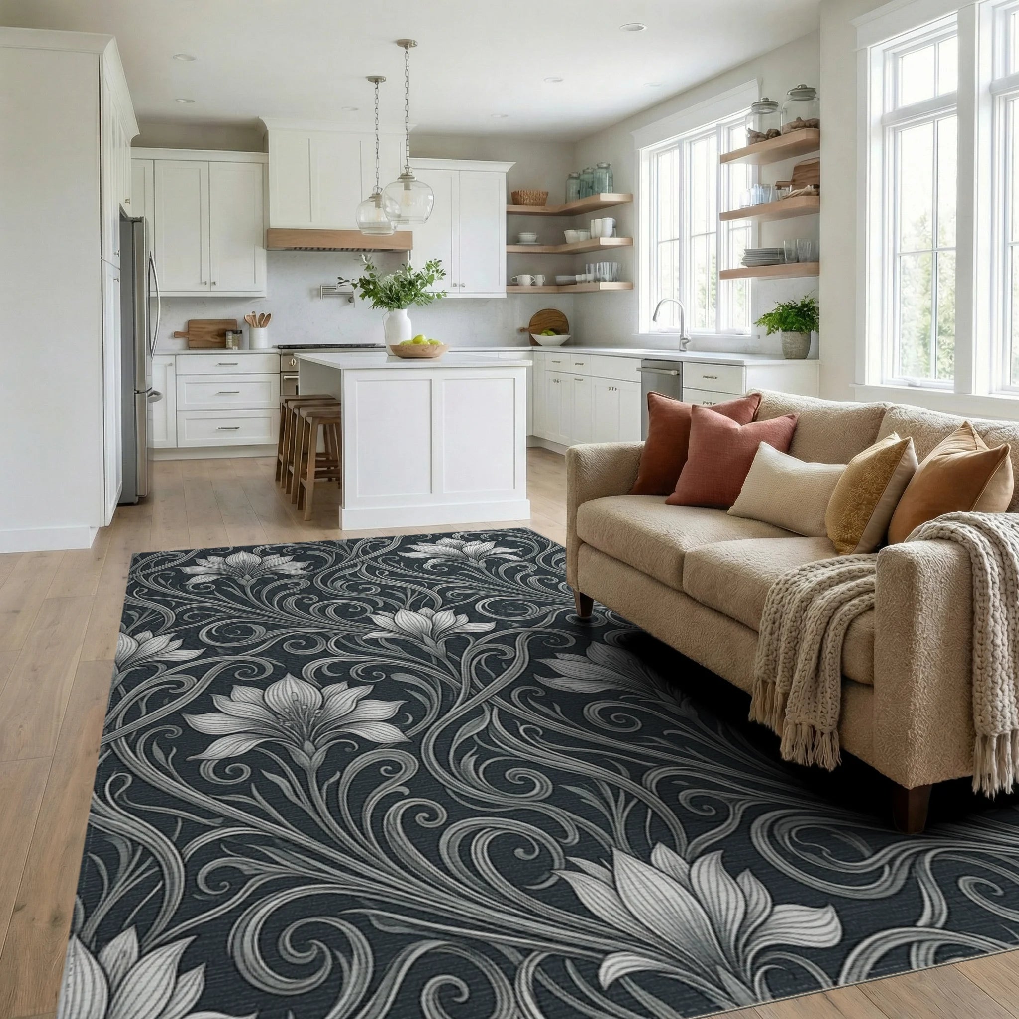 White Gray Floral Rug - living_room