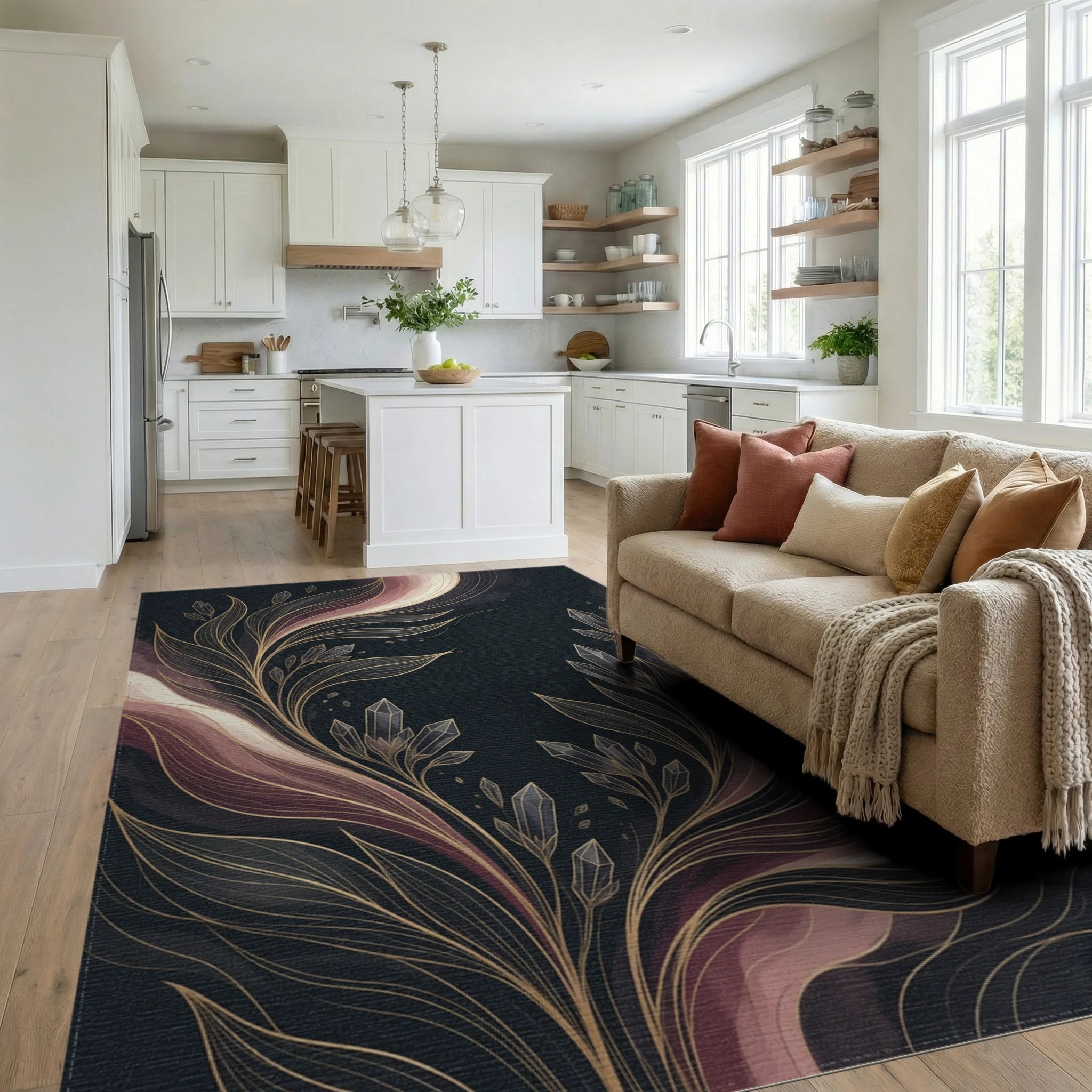 Fluid Botanical Charcoal Gold Rug - living_room