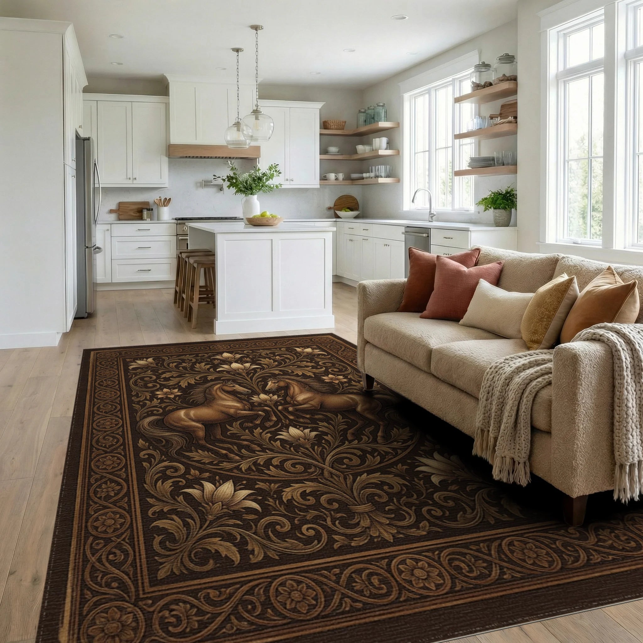 Equestrian Medallion Earth Tone Rug - living_room