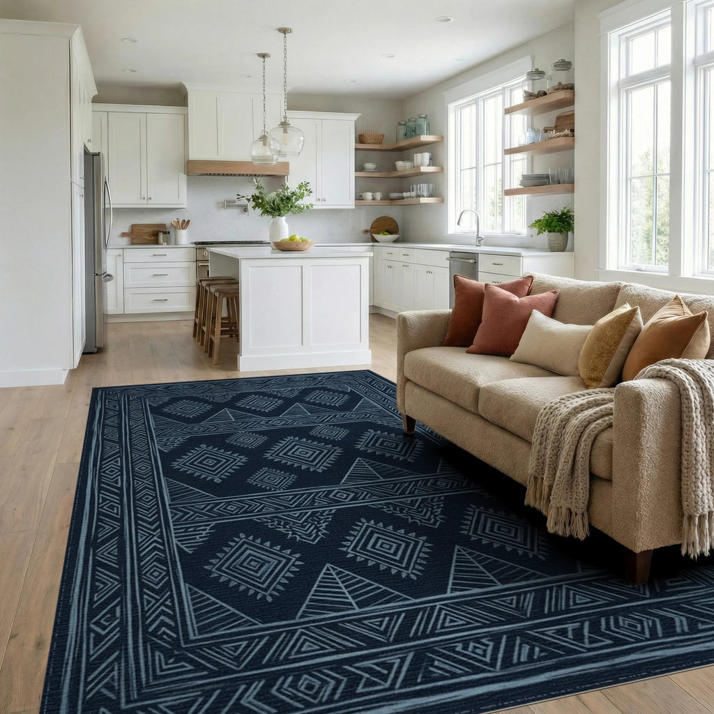 Monochromatic Navy Geometric Tribal Rug - living_room