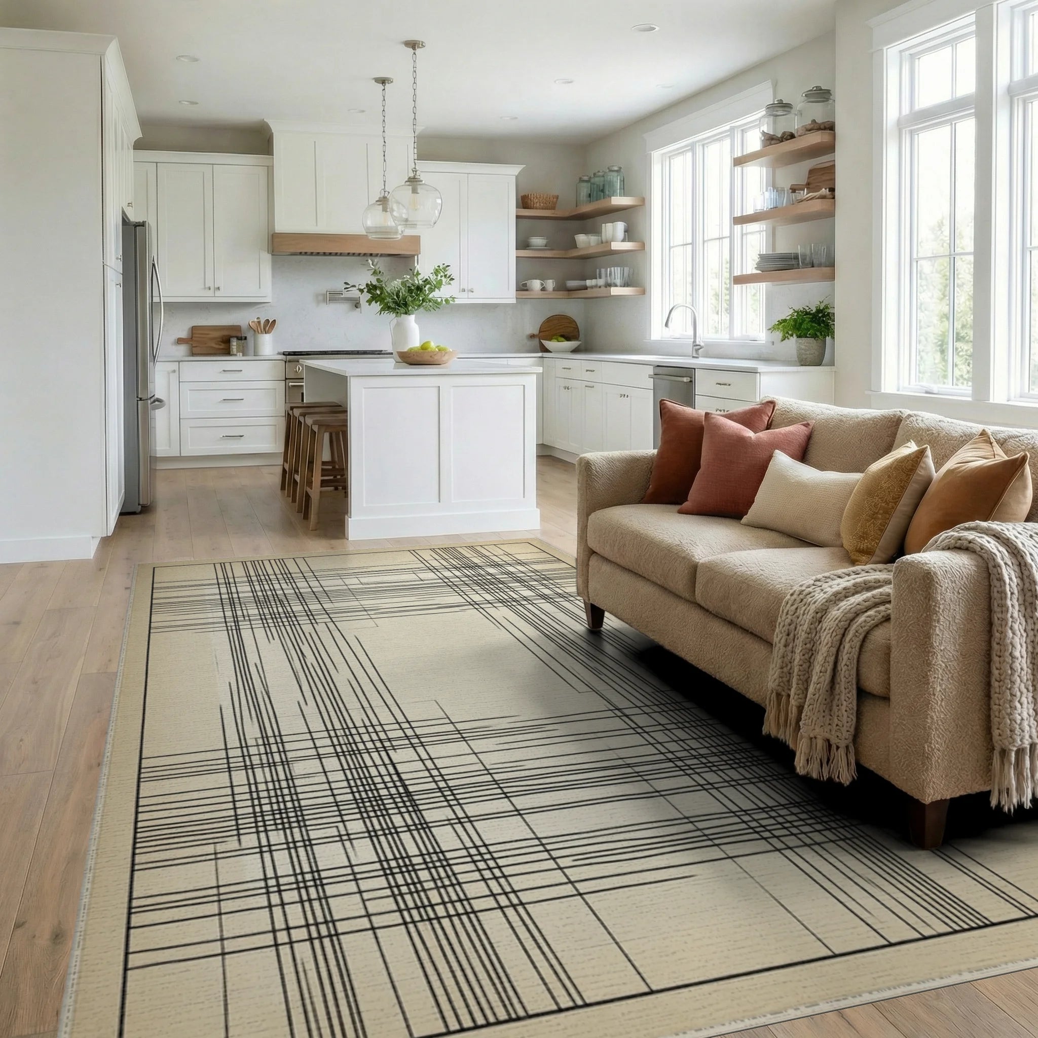 Minimalist Linear Oatmeal Area Rug - living_room