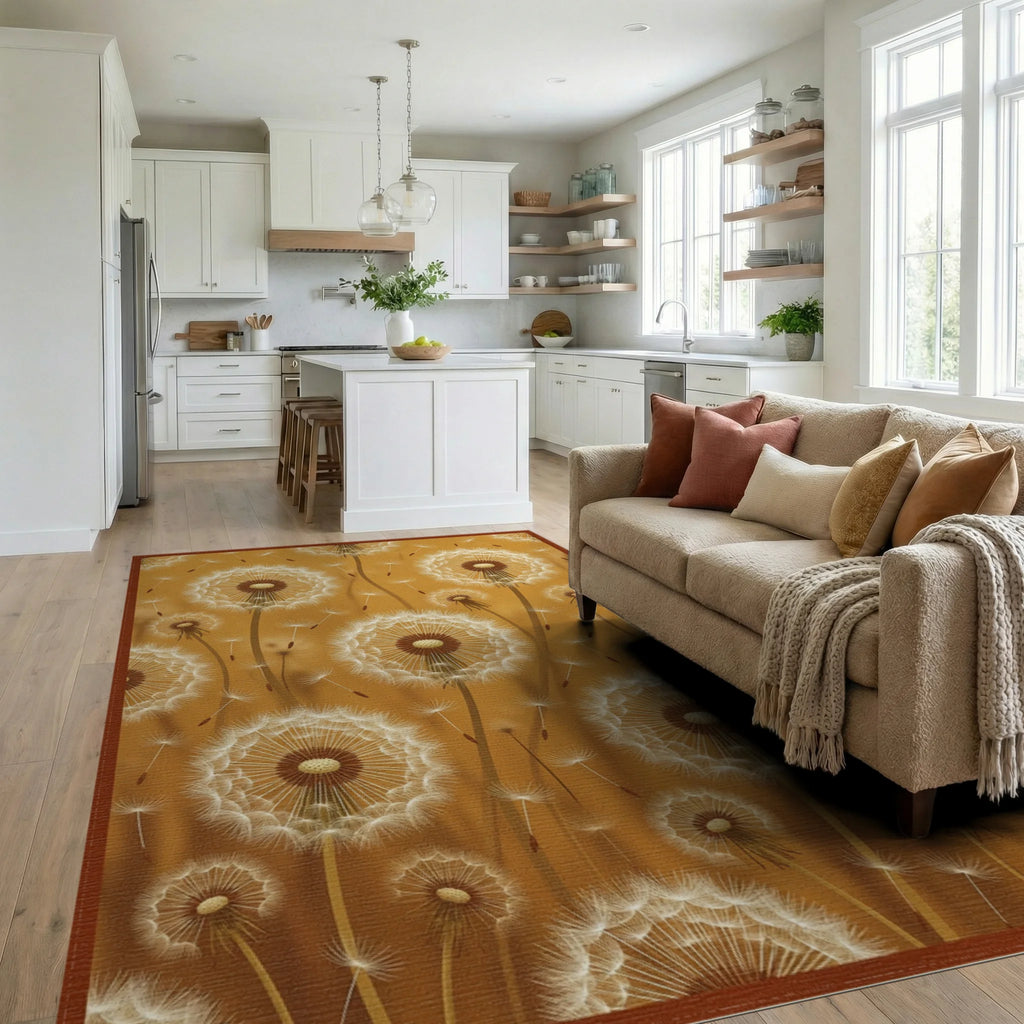 Golden Ochre Dandelion Floral Rug - living_room