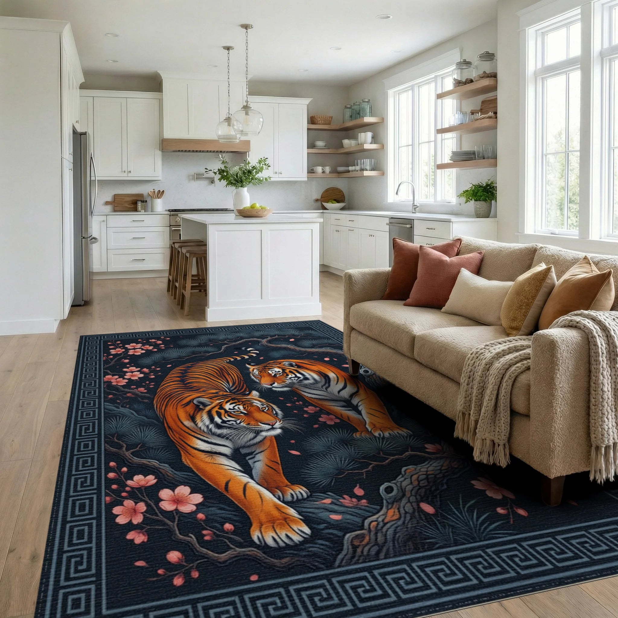 Tiger And Blossom Charcoal Area Rug - living_room
