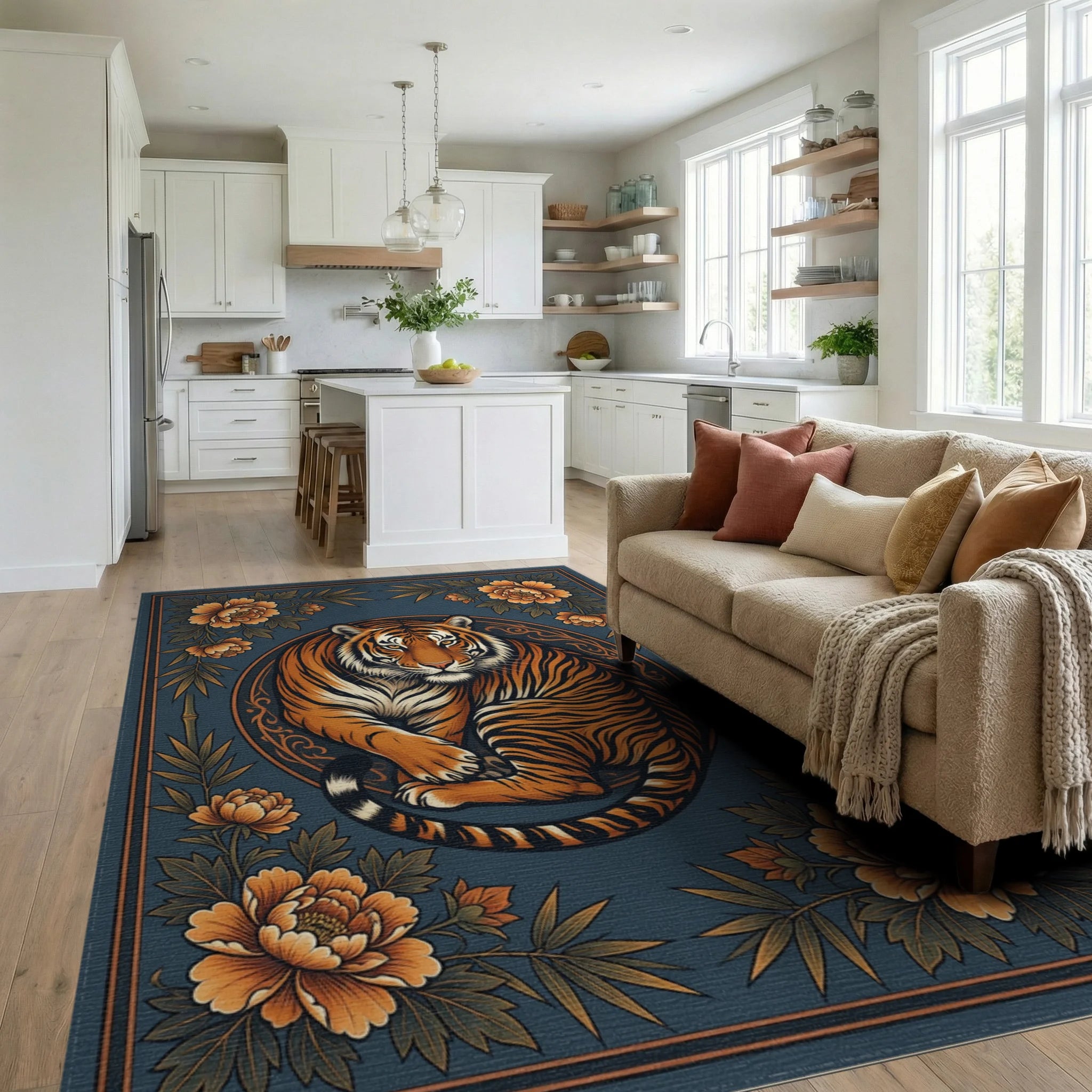 Tiger Medallion Folk Art Rug - living_room