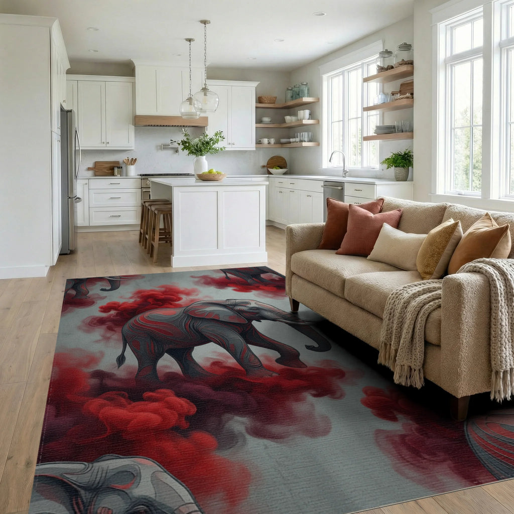 Minimalist Elephant Slate And Crimson Rug - living_room