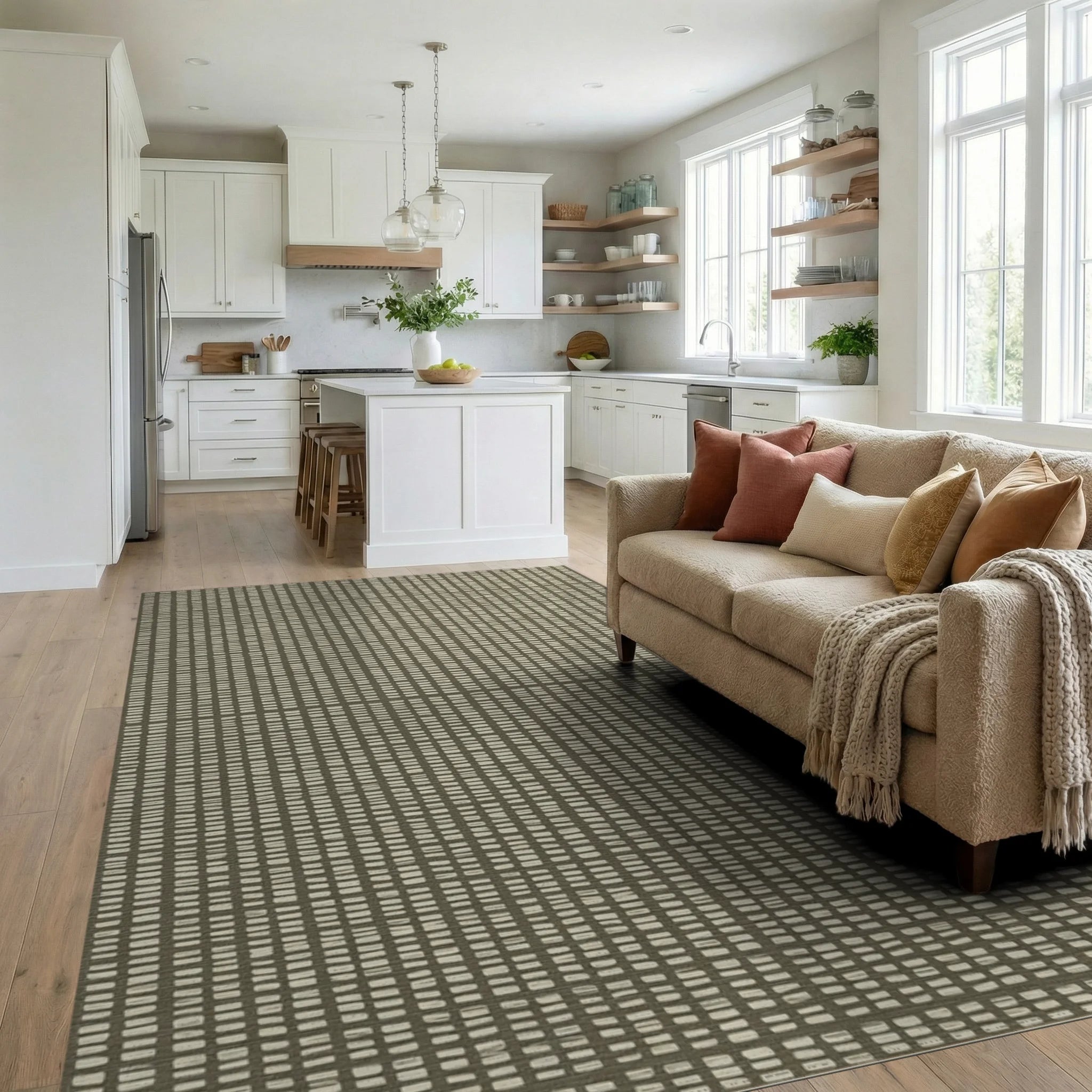 Neutral Grid Textured Linen Rug - living_room