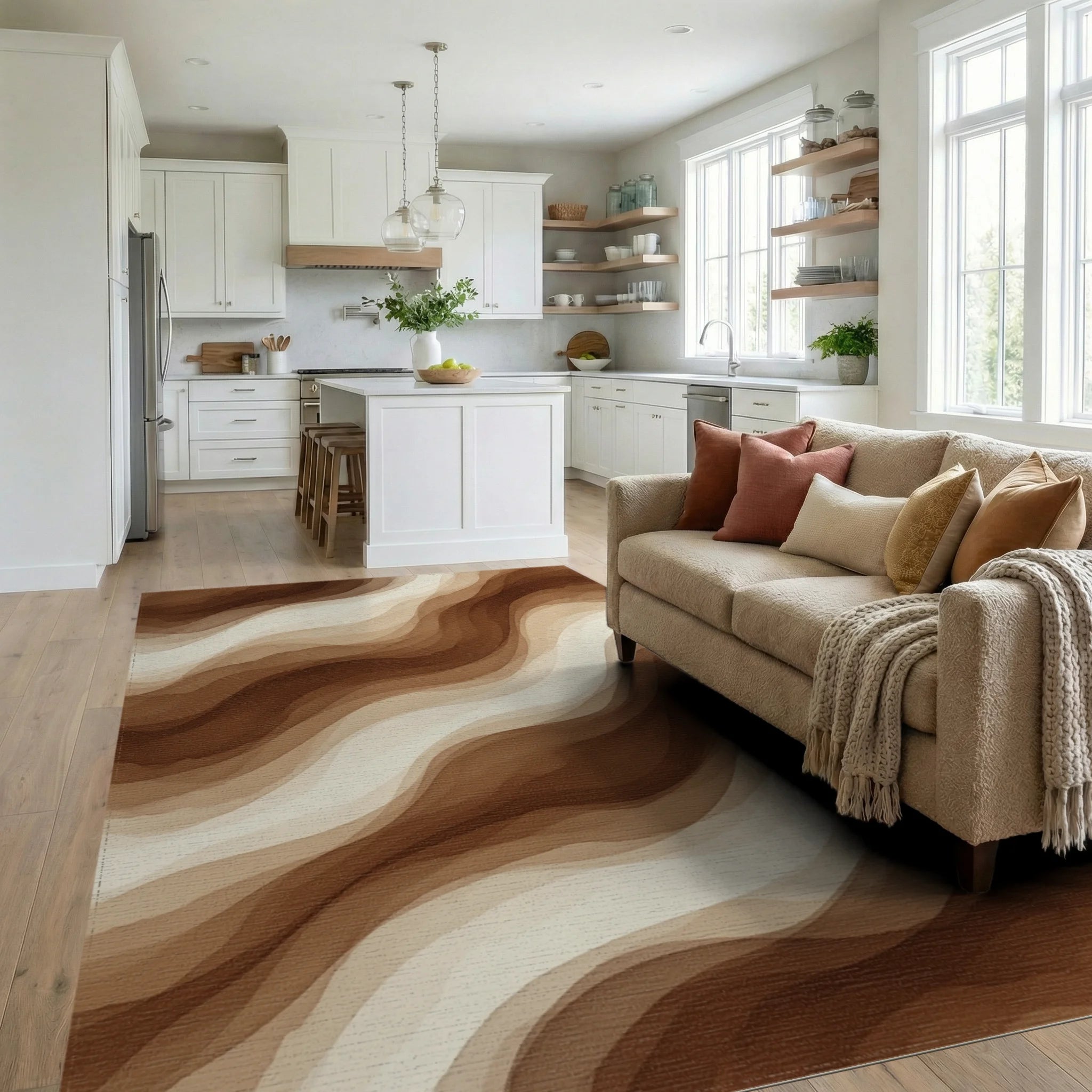 Brown White Cream Rug - living_room