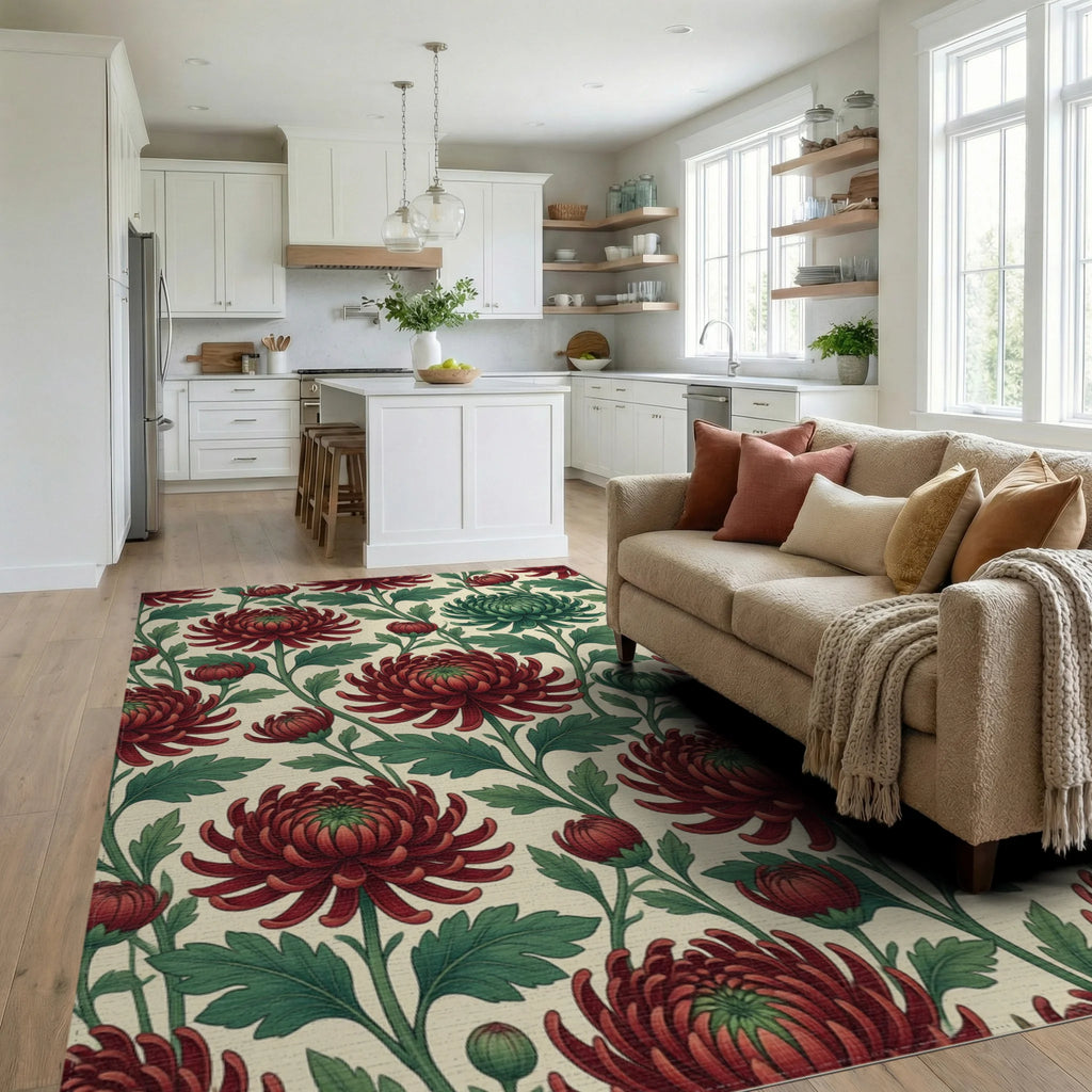 Crimson Red Green Rug - living_room