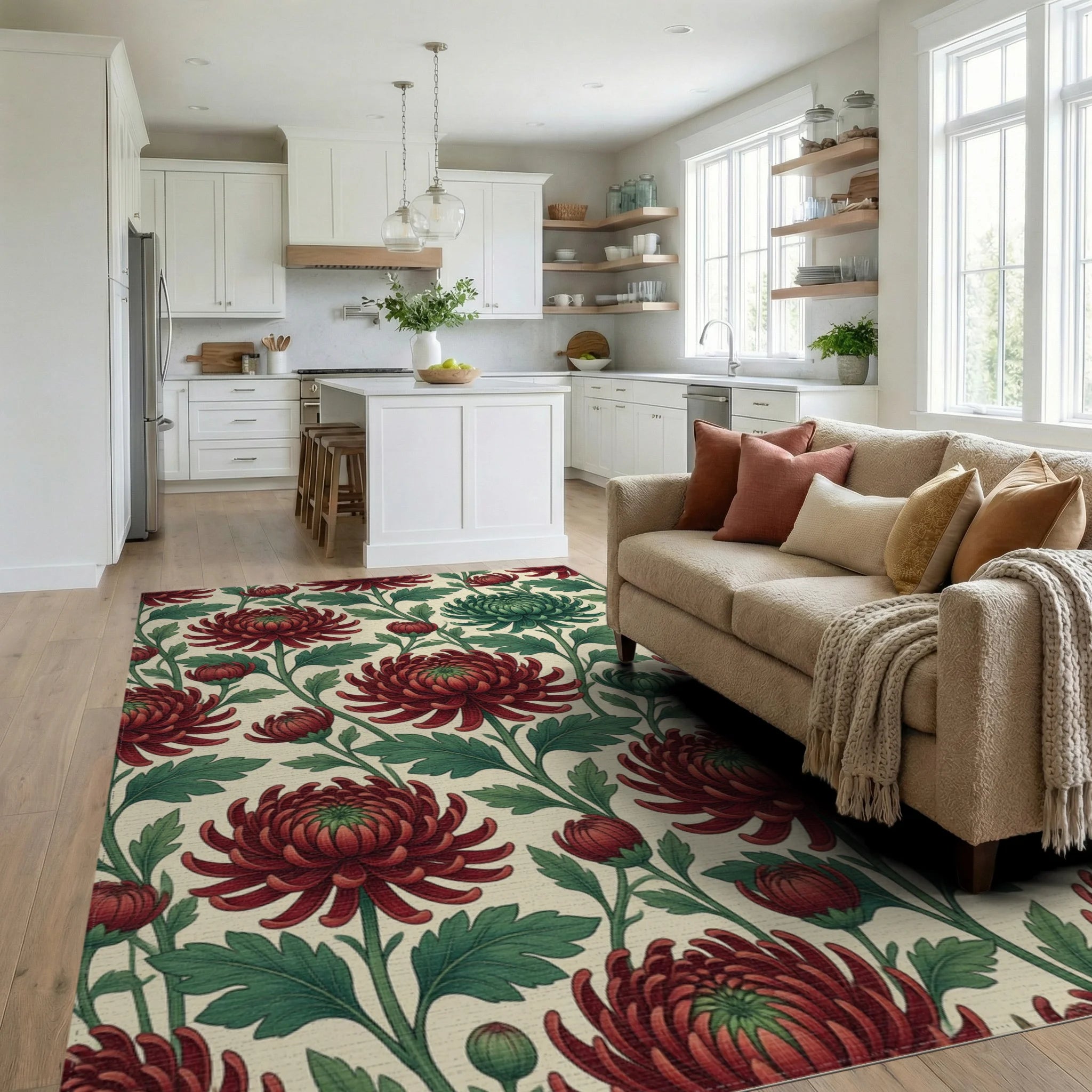 Crimson Red Green Rug - living_room