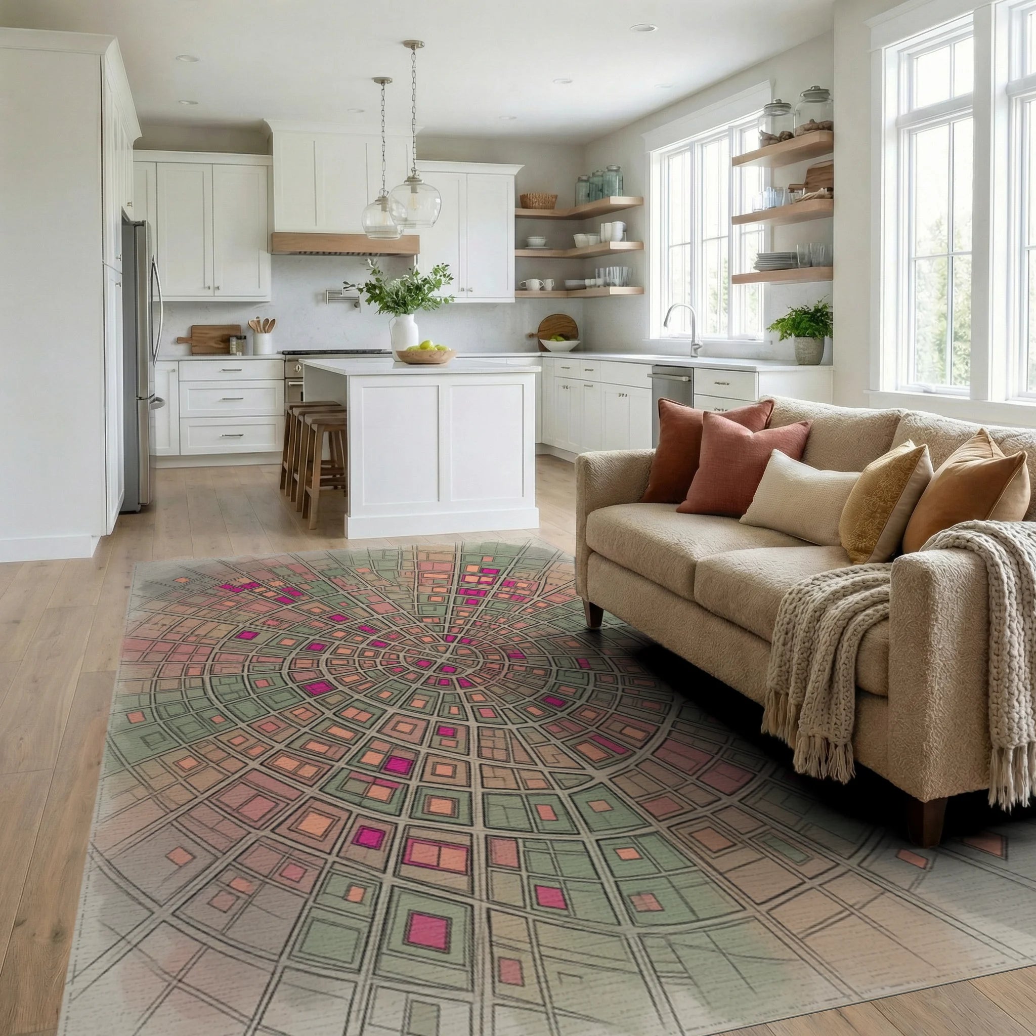 Green Beige Peach Rug - living_room