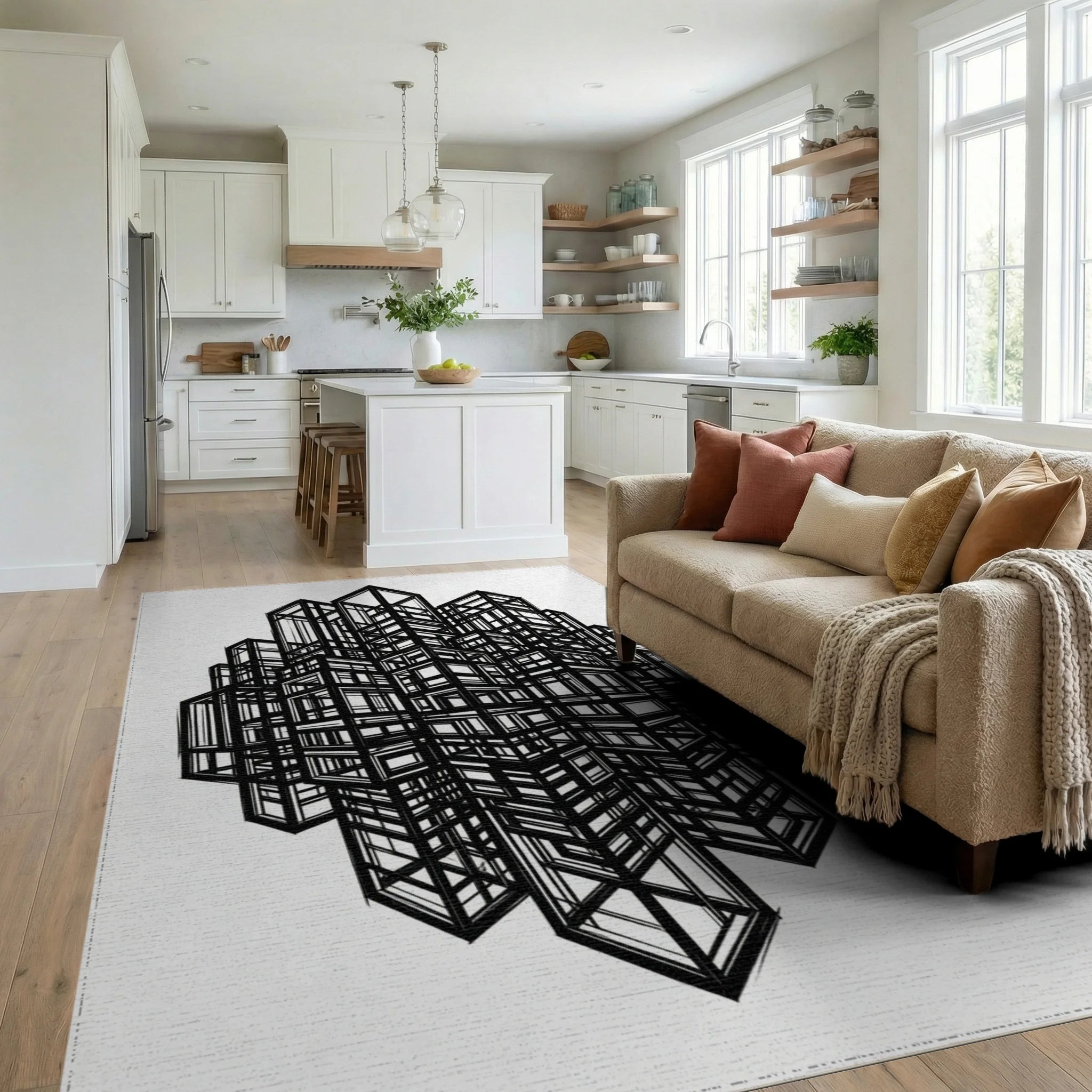 Black White Abstract Rug - living_room