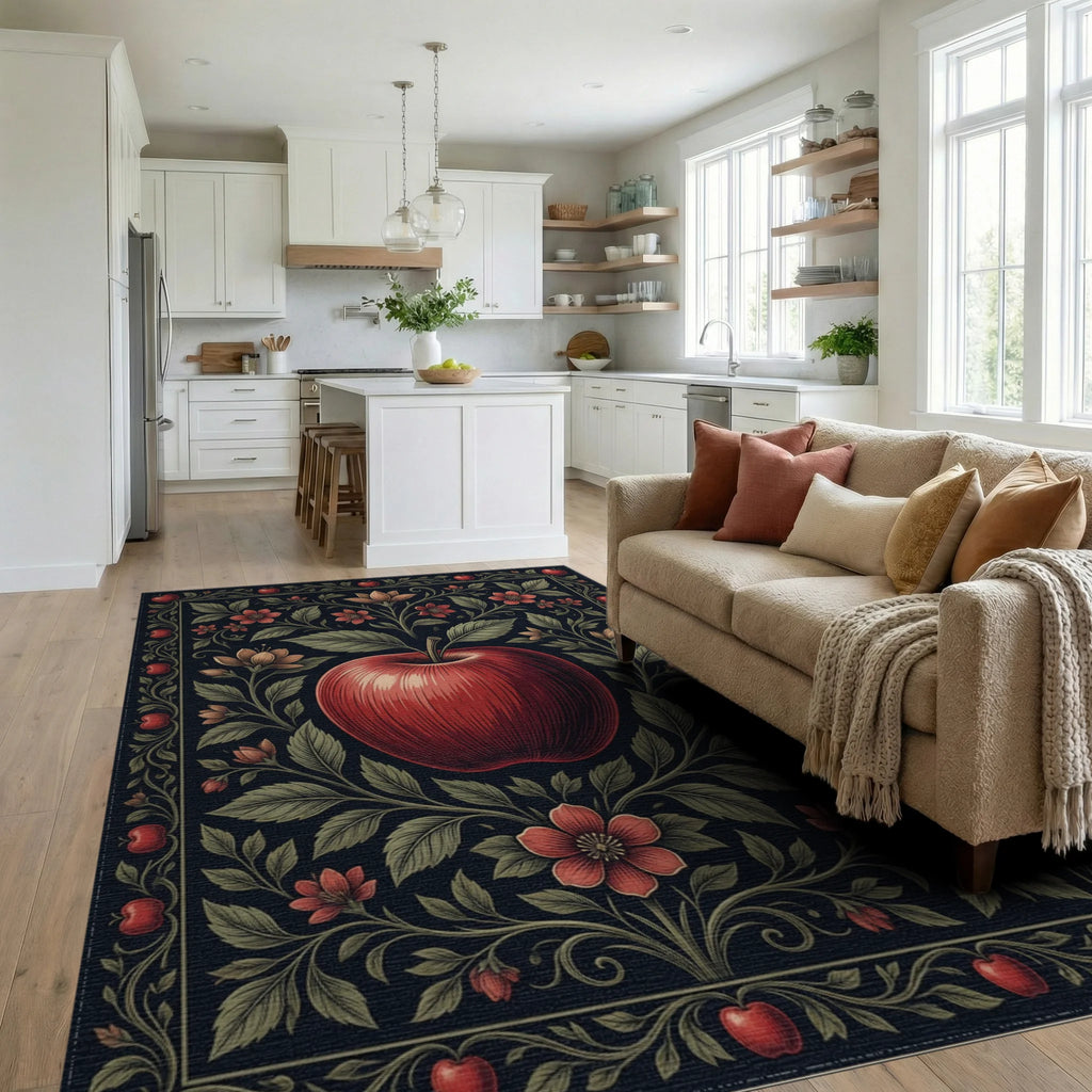 Botanical Apple Crimson Black Rug - living_room