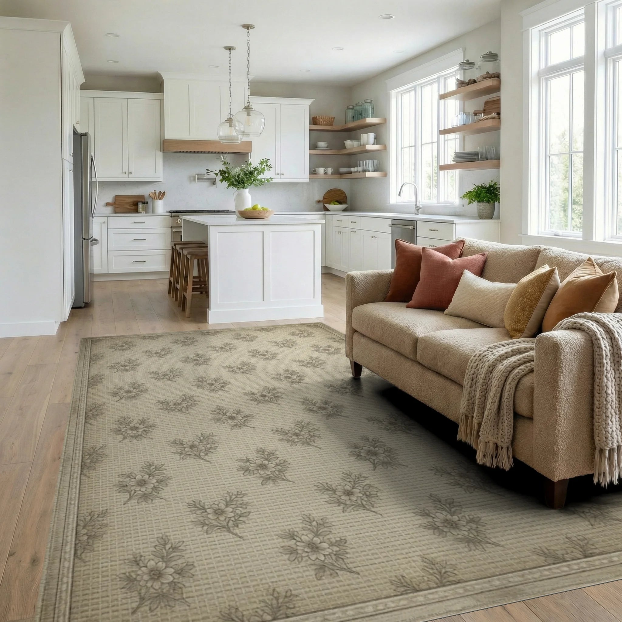 Beige Floral Vintage Rug - living_room