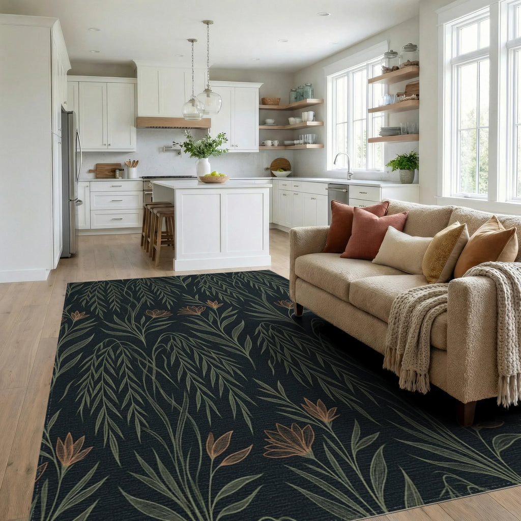 Sage Botanical Charcoal Graphic Rug - living_room