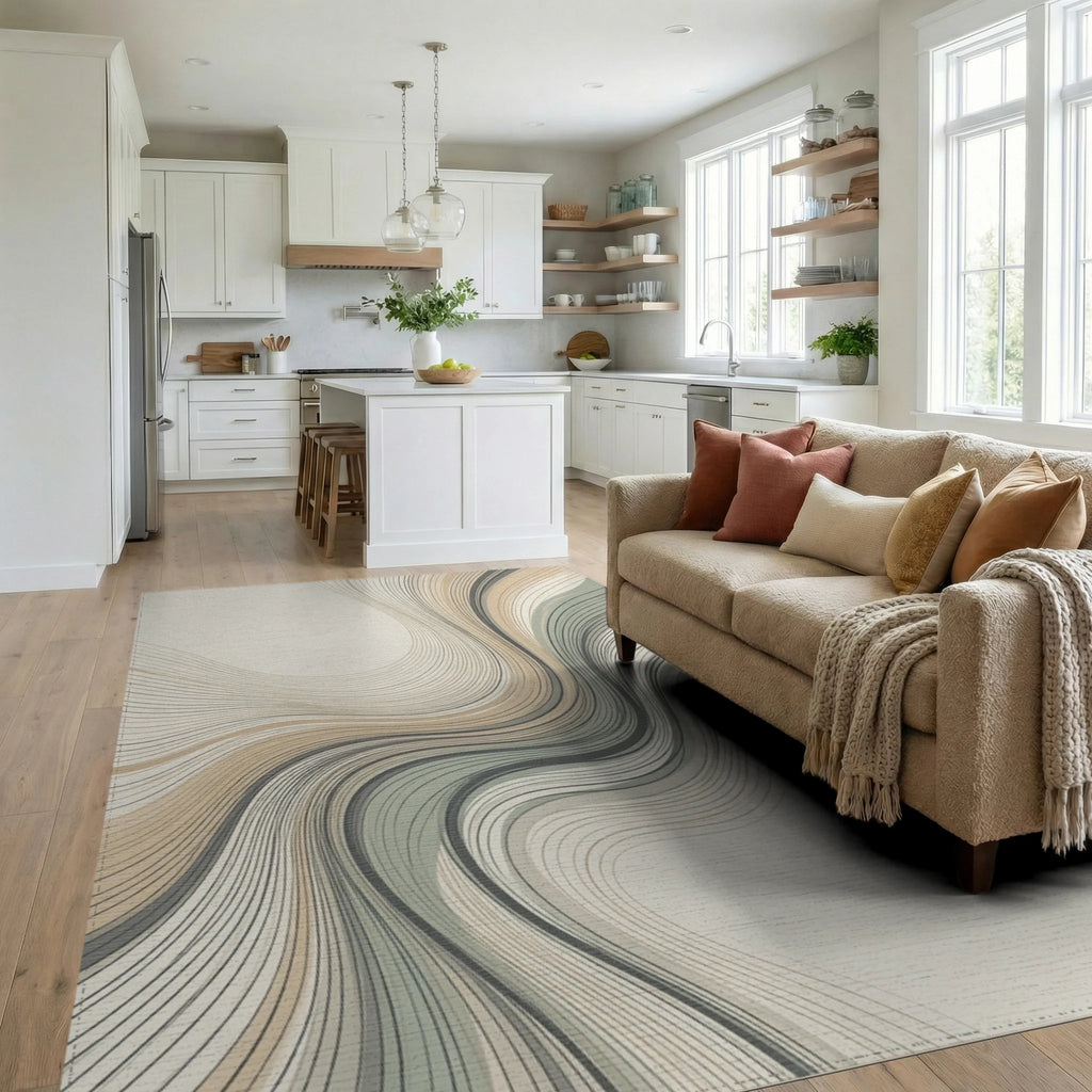 Minimalist Fluid Line Sand Sage Rug - living_room