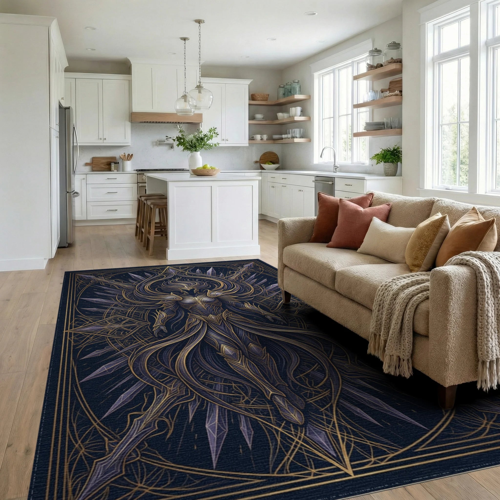 Midnight Navy Gold Abstract Warrior Rug - living_room