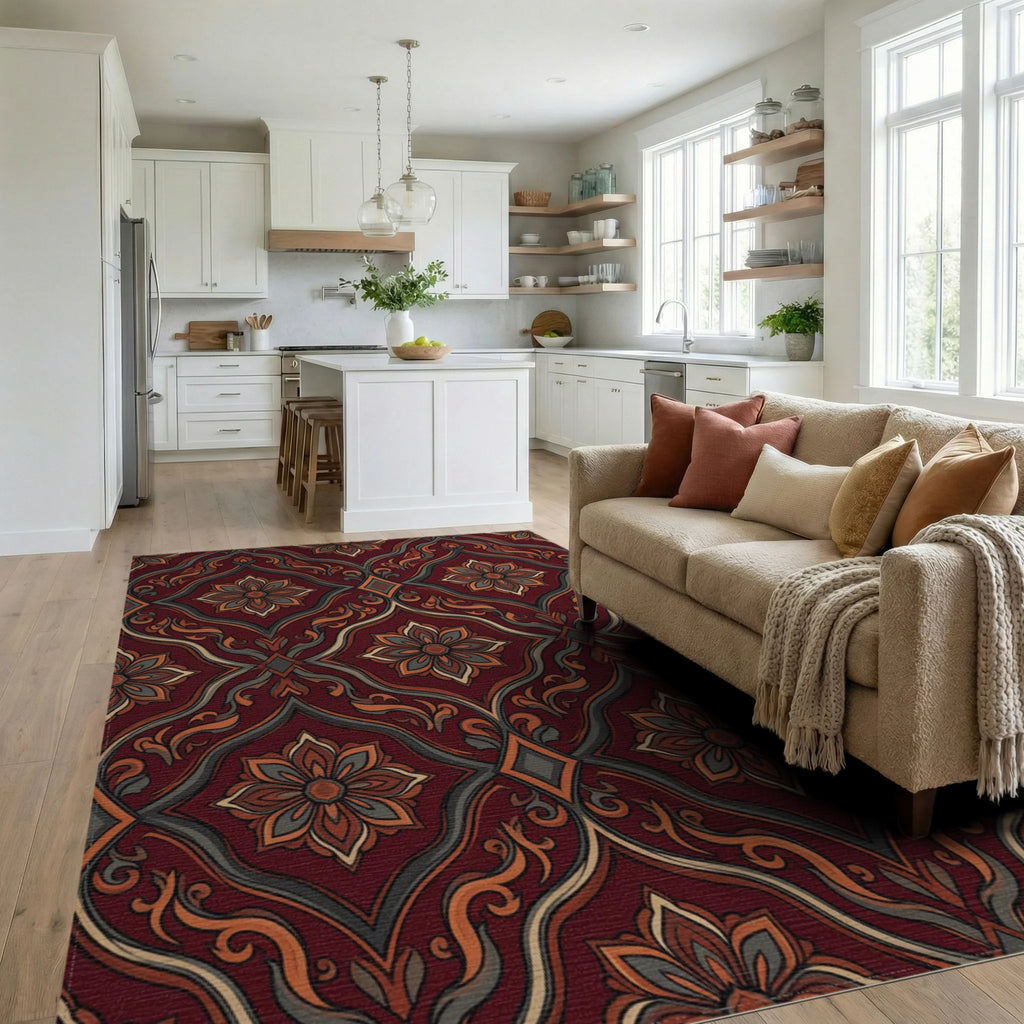 Scarlet Geometric Floral Medallion Rug - living_room