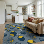 Minimalist Geometric Navy Yellow Grid Rug - living_room
