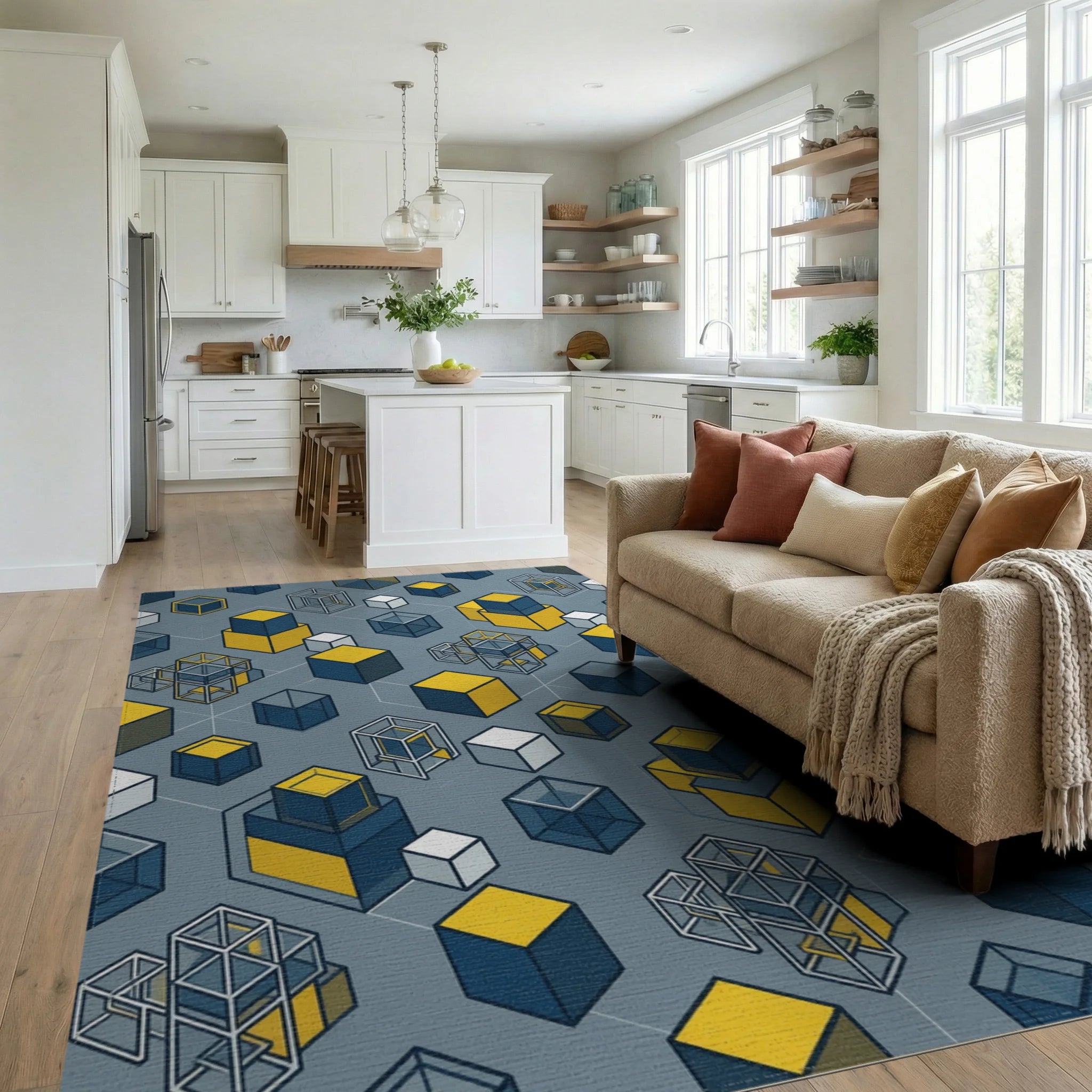 Minimalist Geometric Navy Yellow Grid Rug - living_room