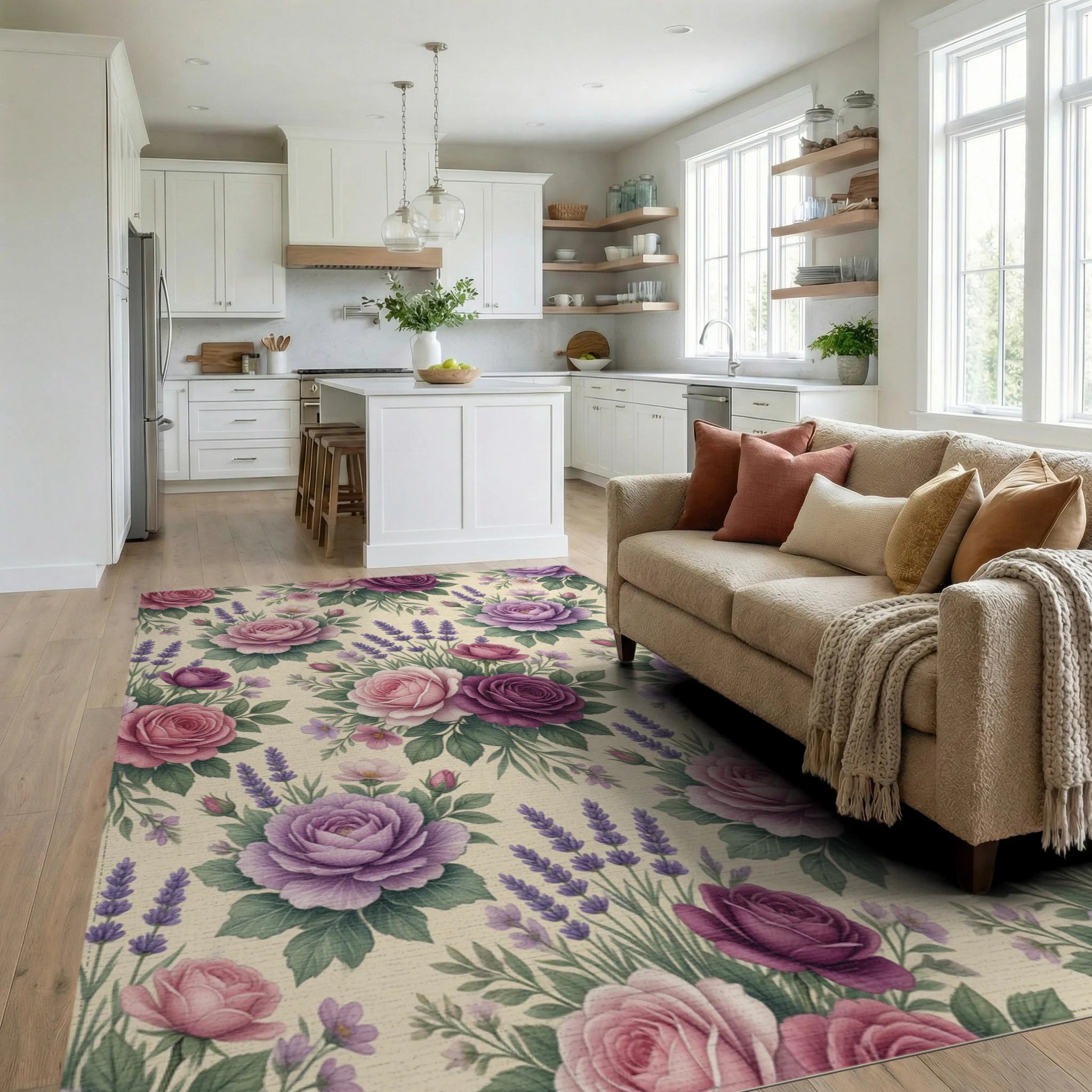 Floral Lavender White Rug - living_room