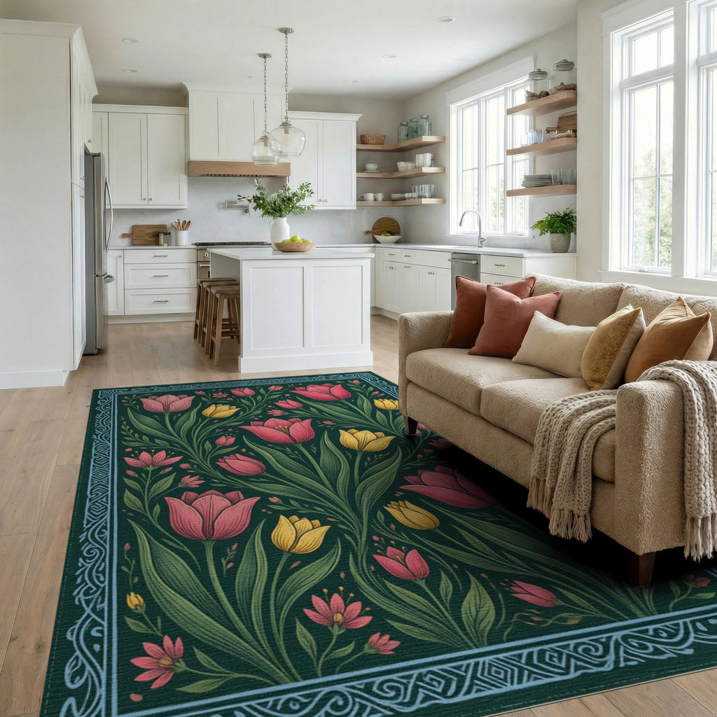 Forest Green Pink Rug - living_room