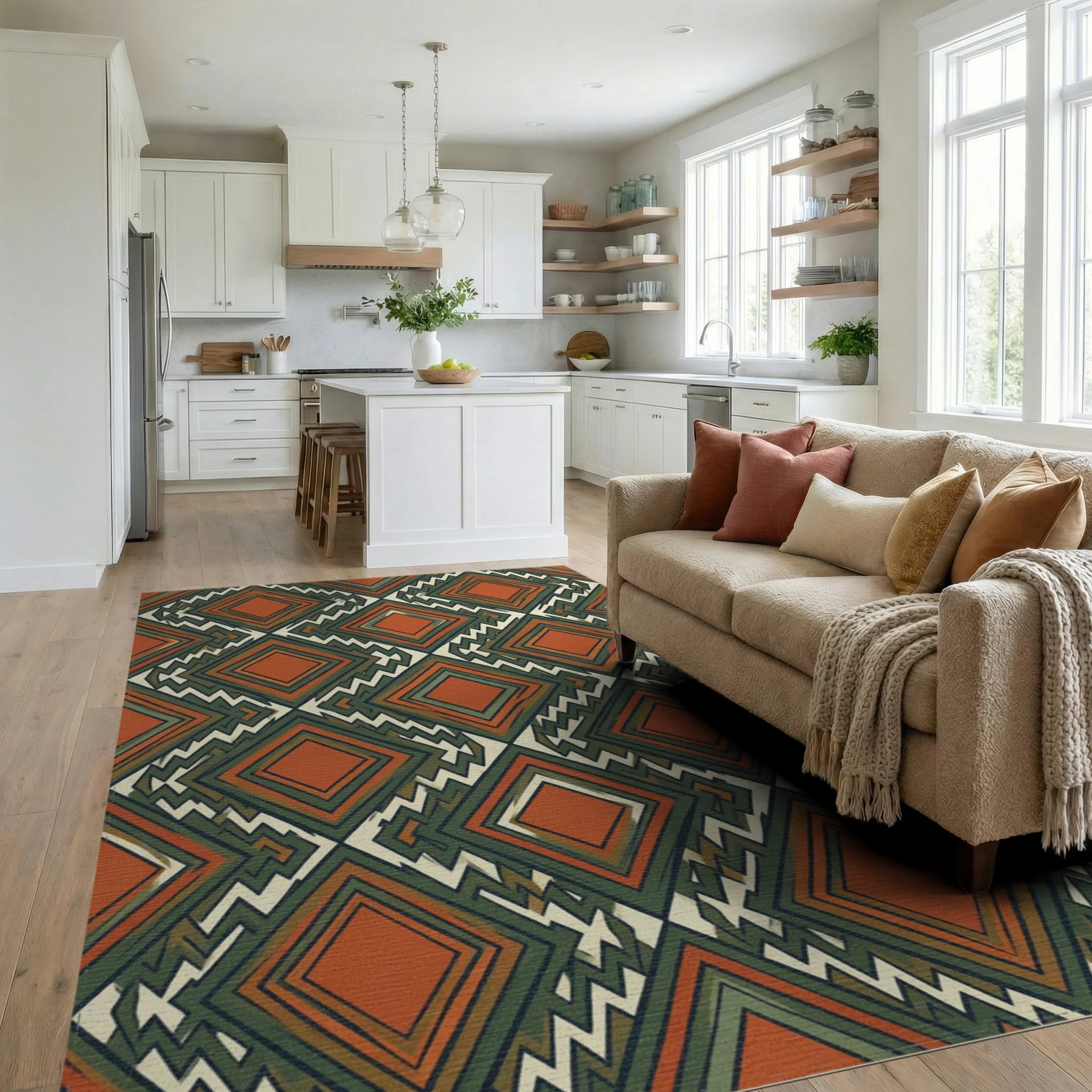 Orange Green White Rug - living_room