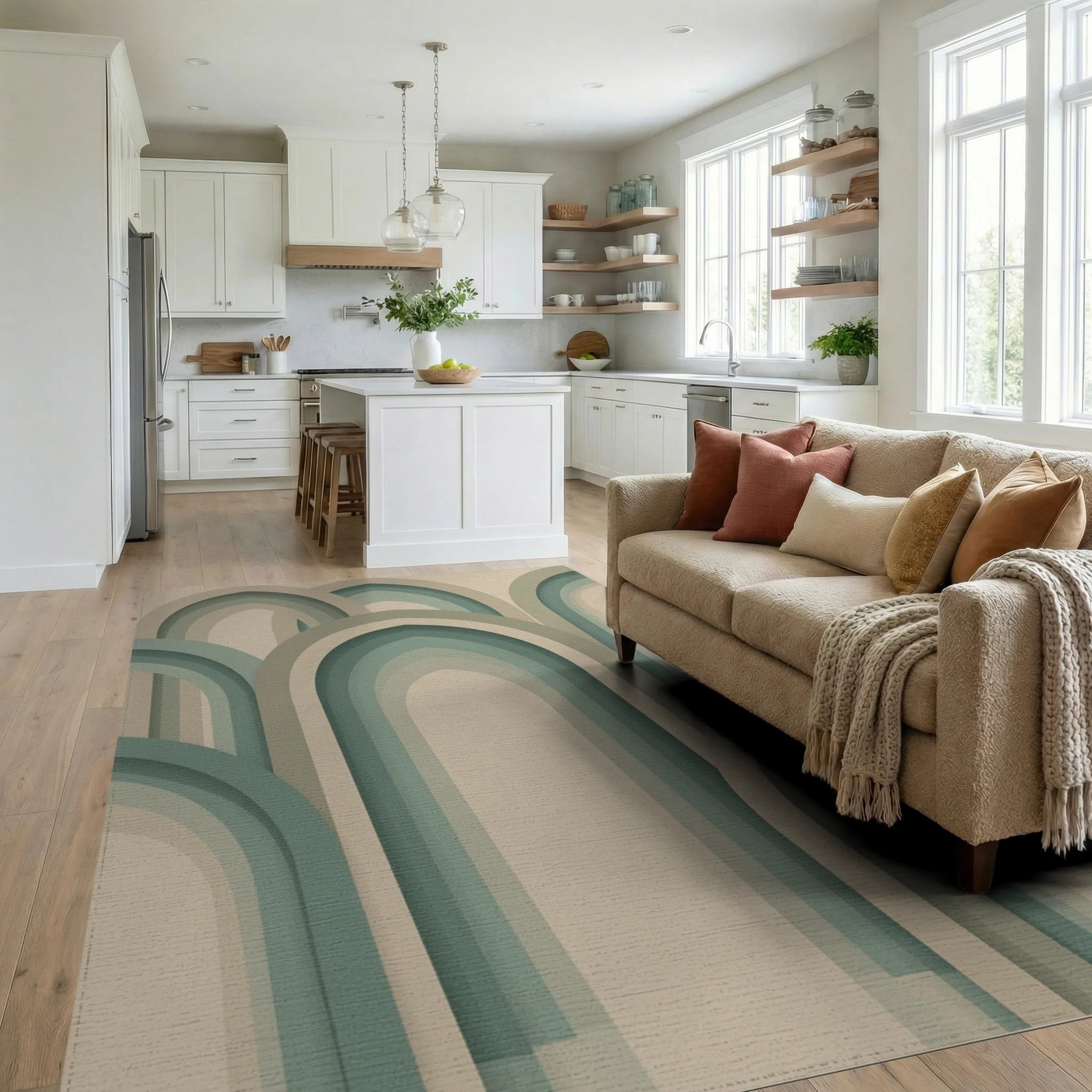 Beige Green Geometric Rug - living_room
