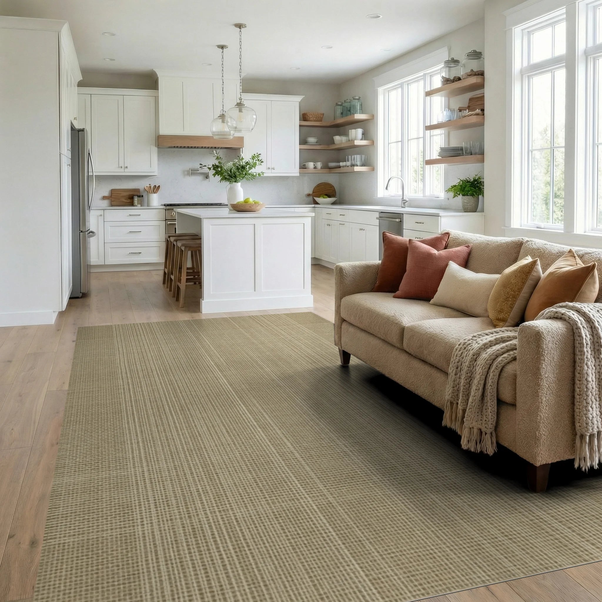 Beige Cream Linear Rug - living_room
