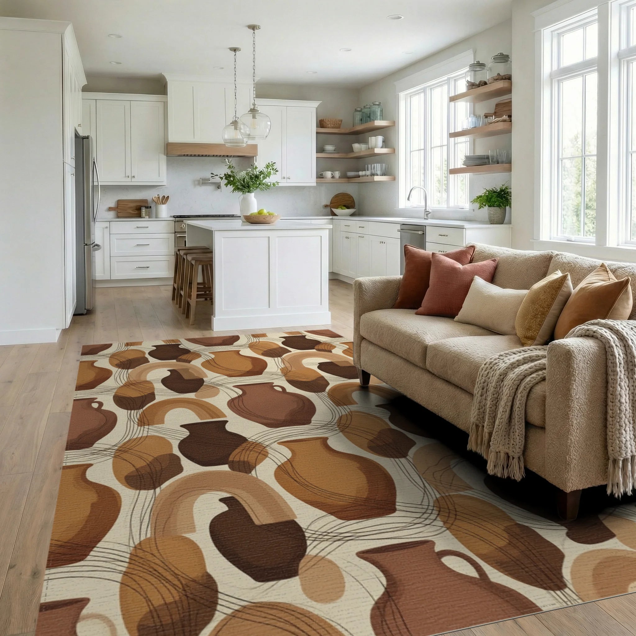 Beige Brown Geometric Rug - living_room