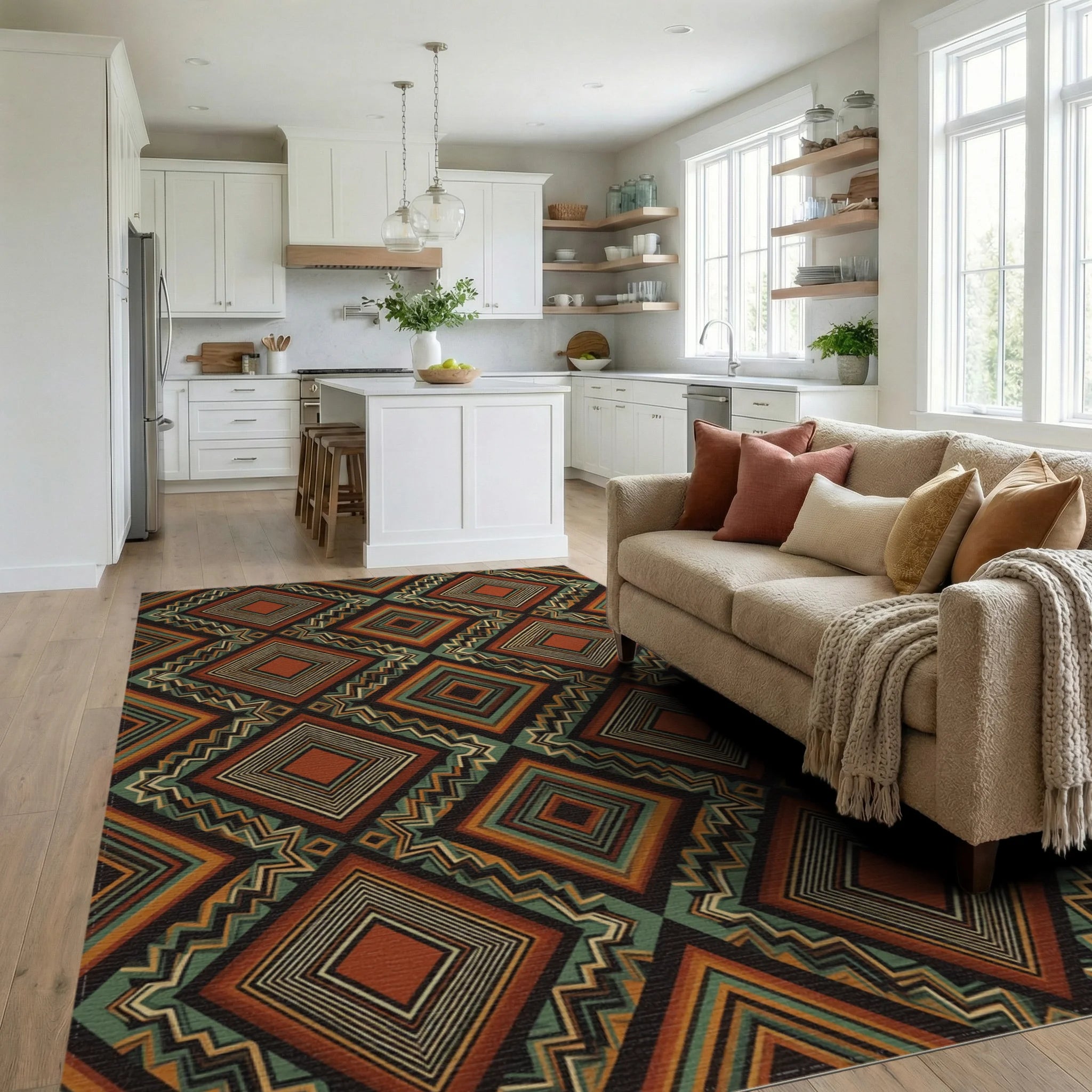 Green Brown Geometric Rug - living_room