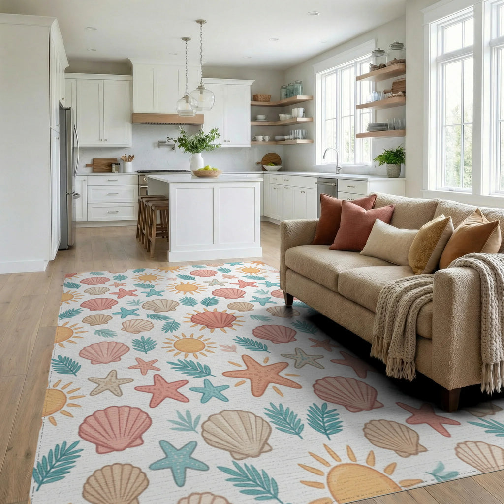 Whimsical Pastel Beach Motif Area Rug - living_room