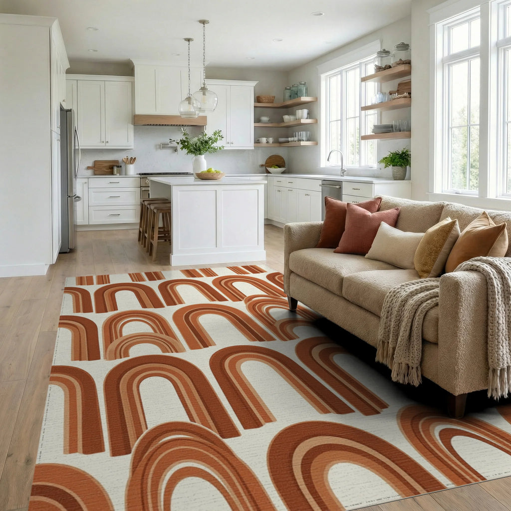 Terracotta Abstract Arch Boho Rug - living_room