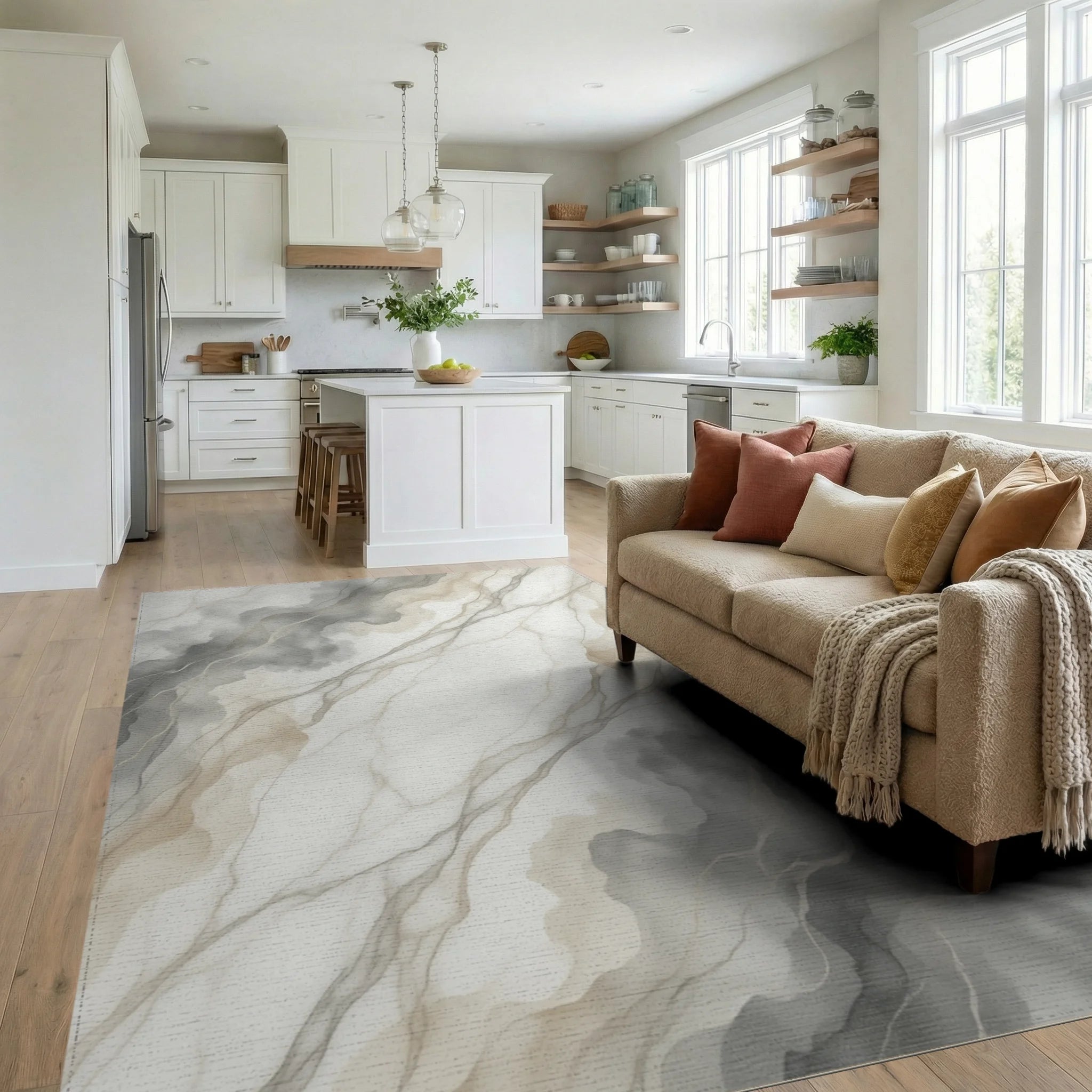 White Gray Beige Rug - living_room