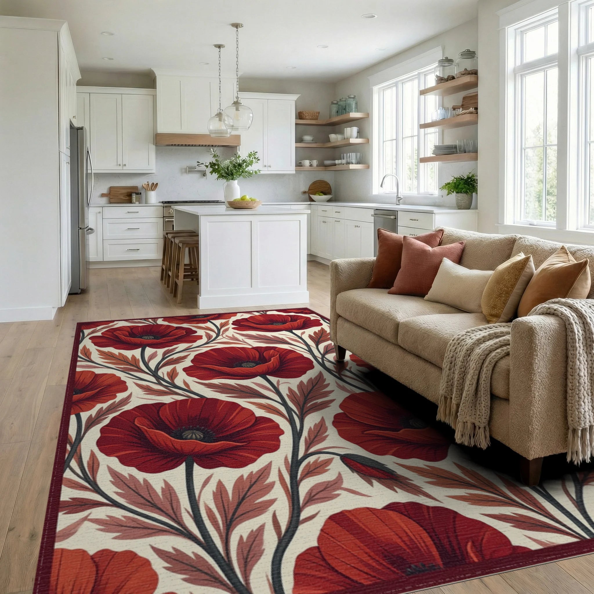 Crimson Red White Rug - living_room