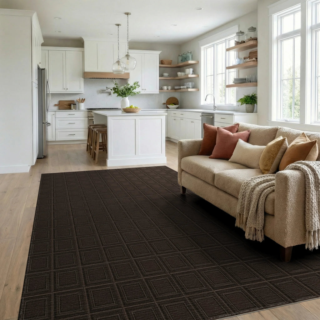Minimalist Espresso Brown Geometric Grid Rug - living_room