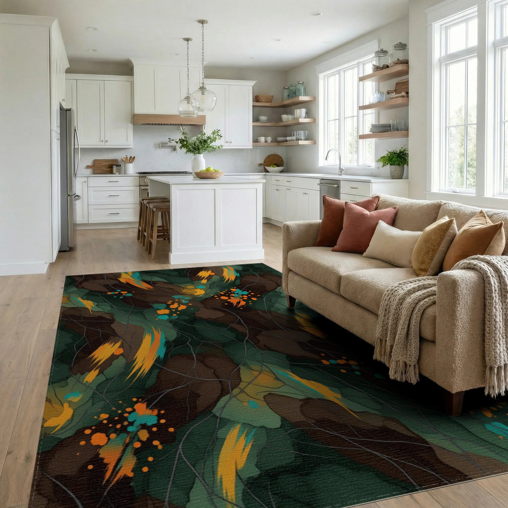 Forest Green Orange Rug - living_room